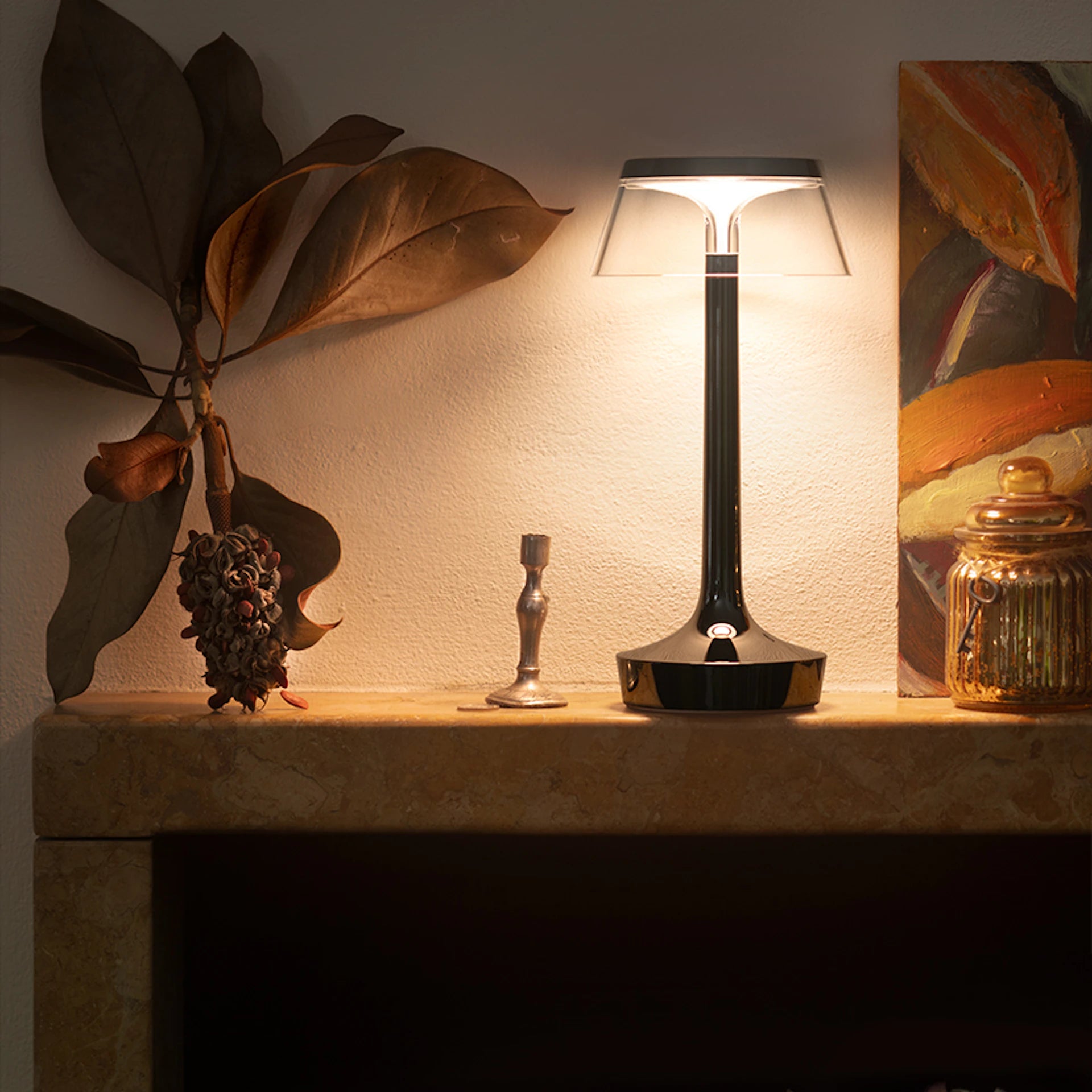 Draagbare lamp BON JOUR UNPLUGGED zwart verchroomd met transparante kap