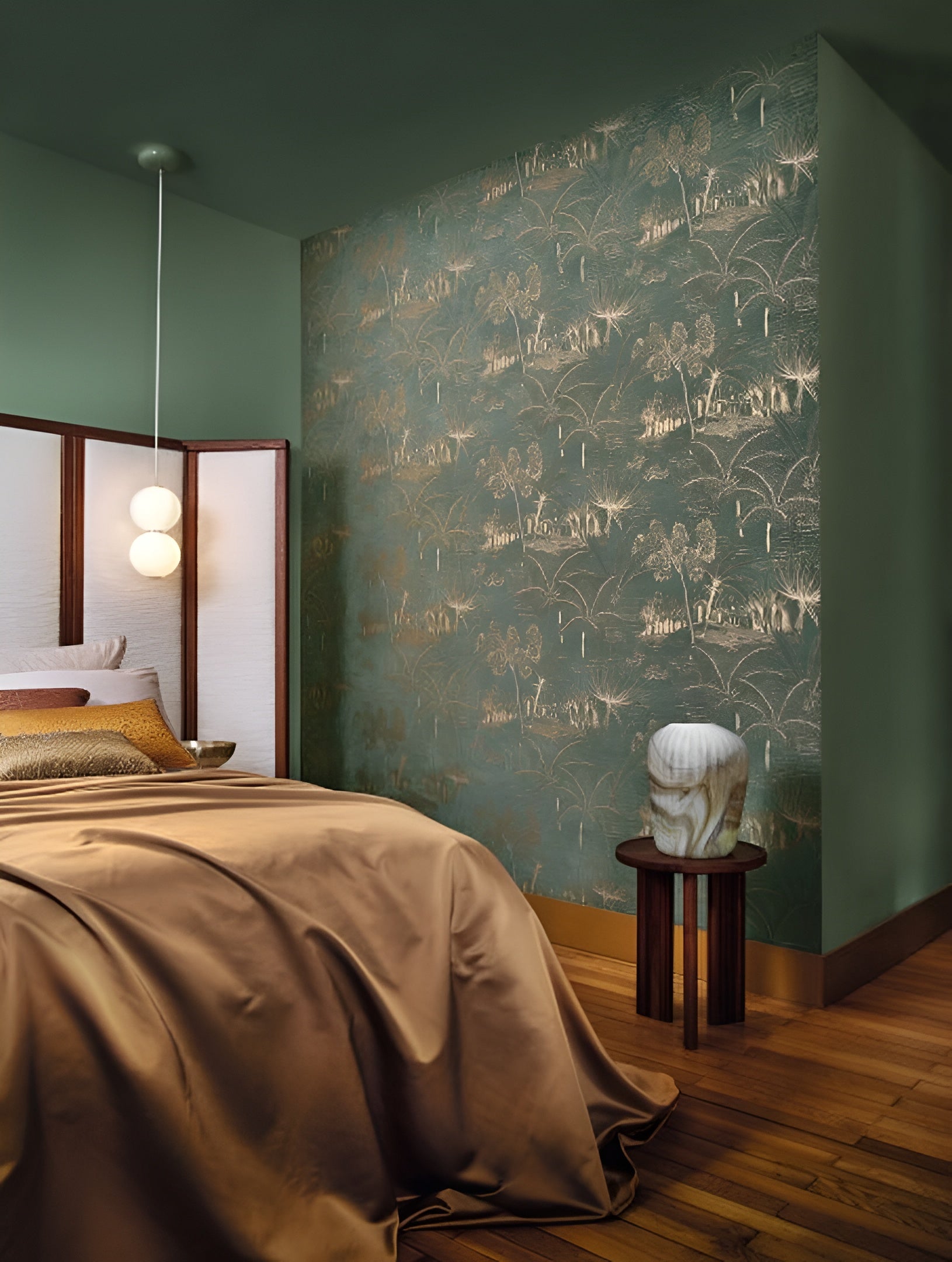 Behang met een landschap en plantaardig motief BAHARIA - VERT DE GRIS/DORE groen met goud