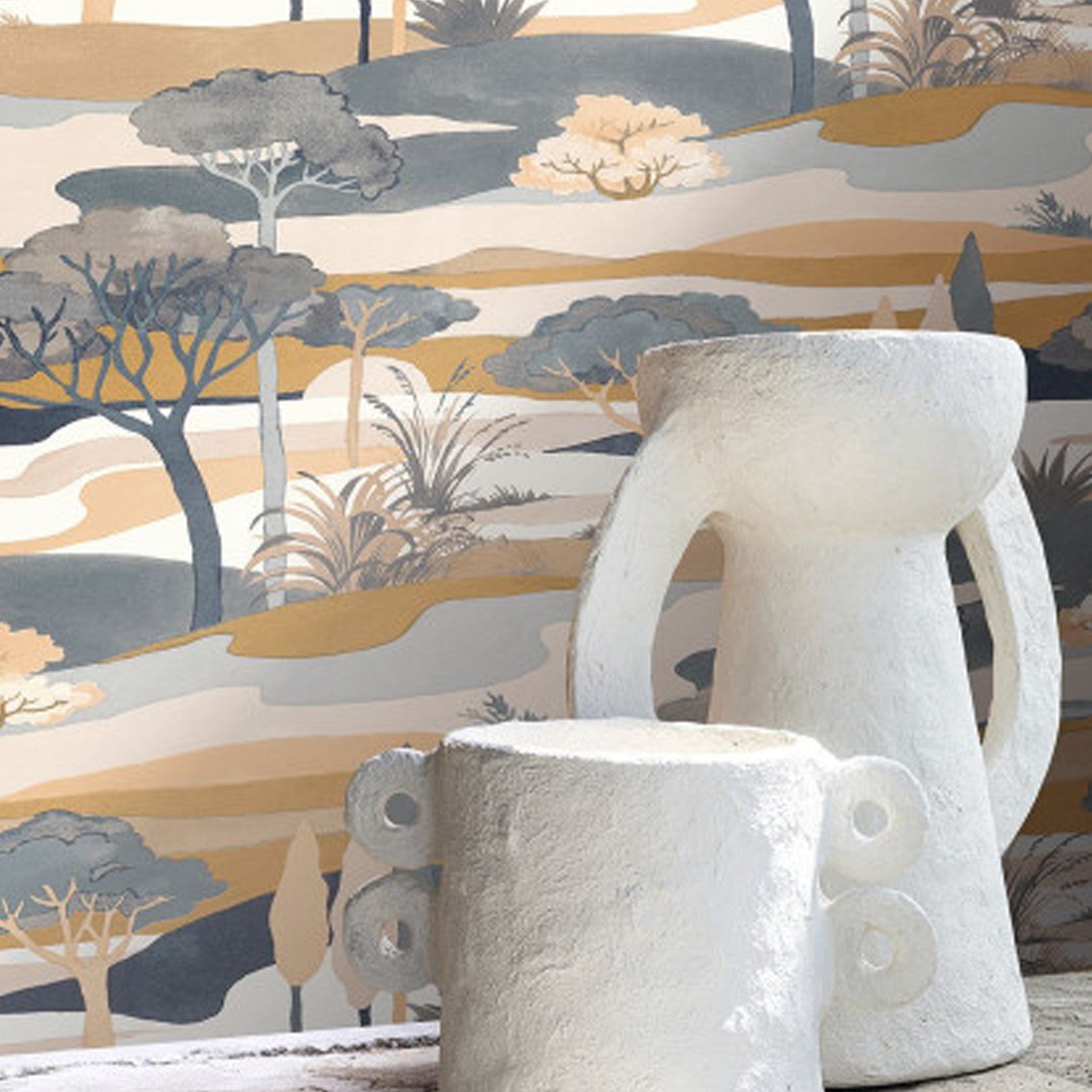 Tapete mit Landschafts- und Pflanzenmotiv CAP FERRET - BLEU PERSAN/AMBRE blau mit Gold