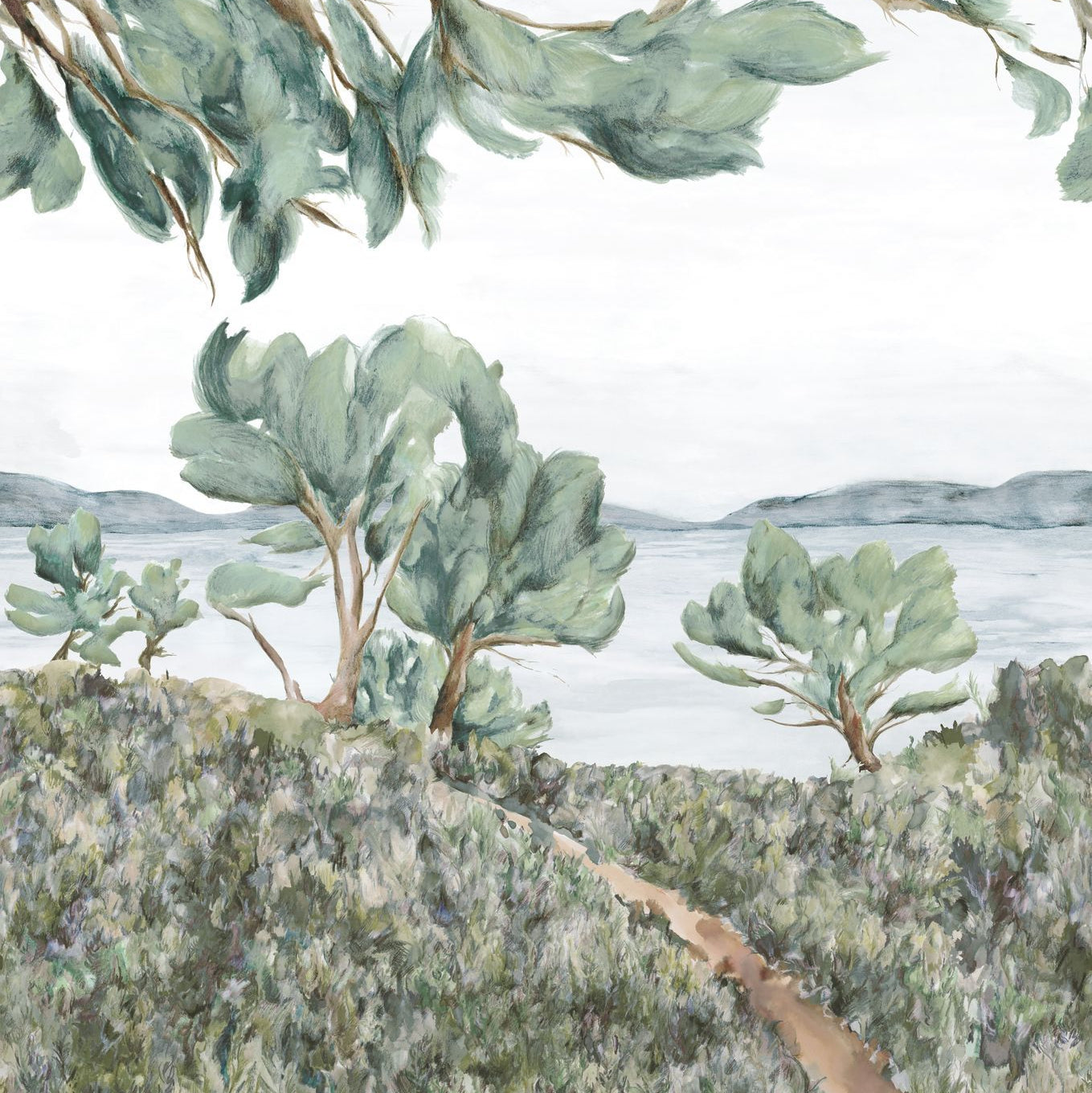 Muurschildering met plantenlandschap FELIX - SALIE/CELEDON groenblauw met blauw