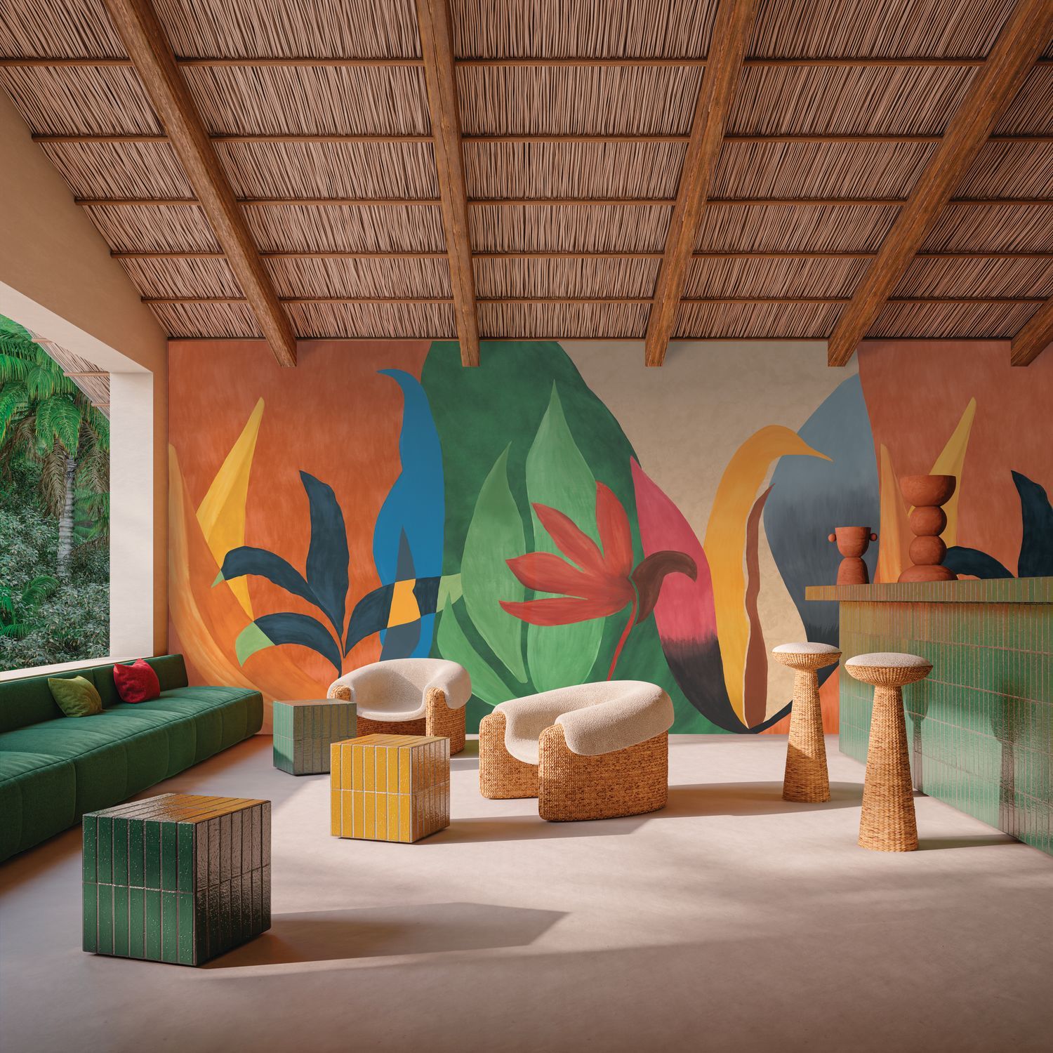 Muurschildering met abstract plantaal motief van bladeren NAHUA roestbruin met groen