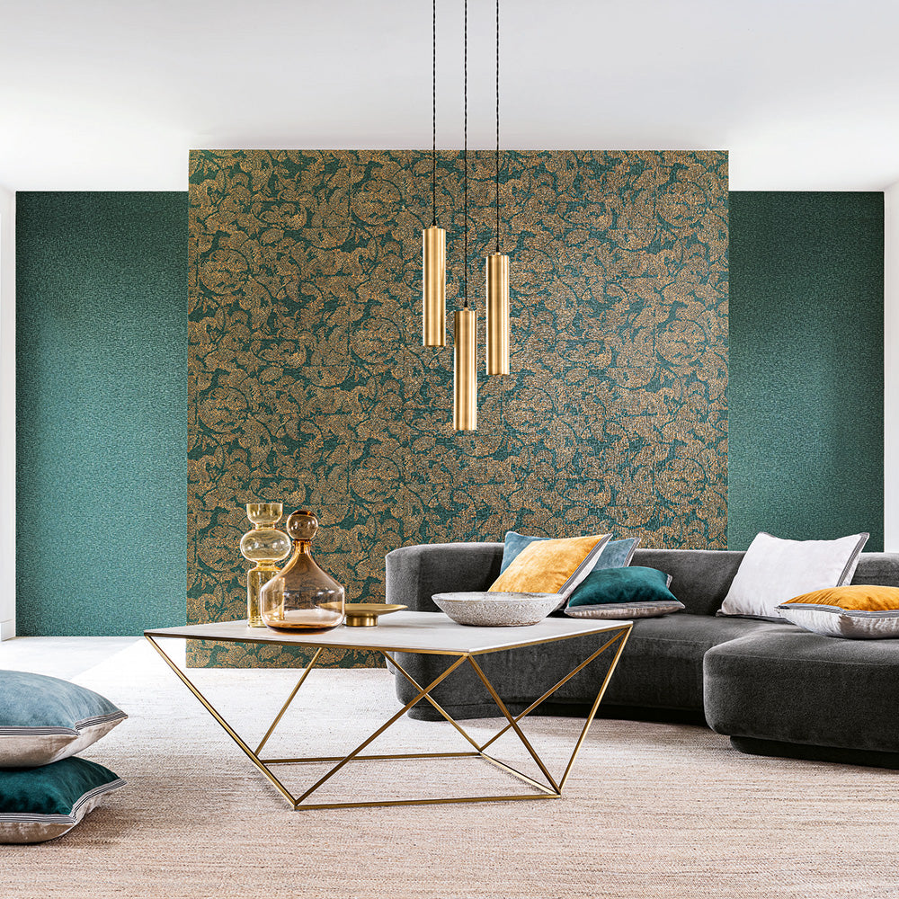 Structuurtapijt met mozaïek in ornamenten VENETIE - EMERAUDE/DORE smaragdgroen met goud