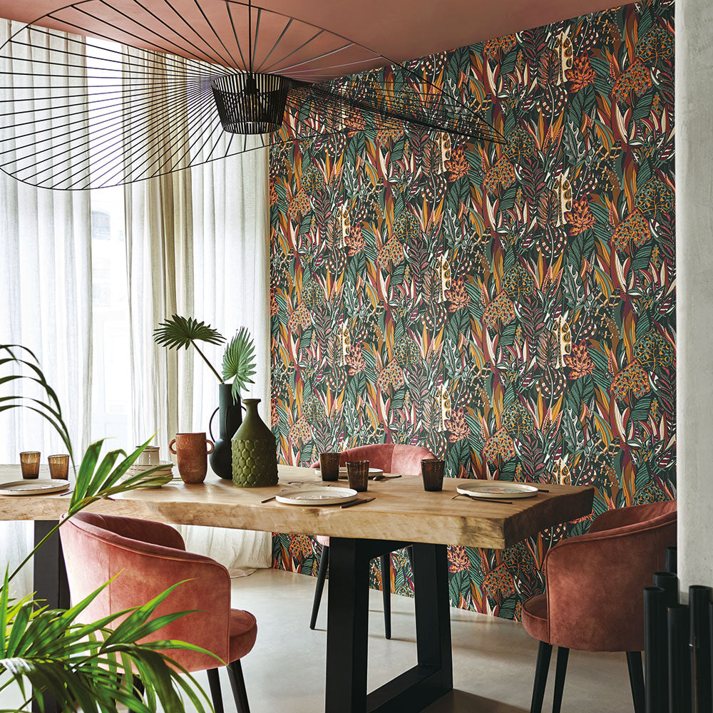 Behang met plantenmotief DESIRADE - VERT PETROLE/MULTICO groen met geel