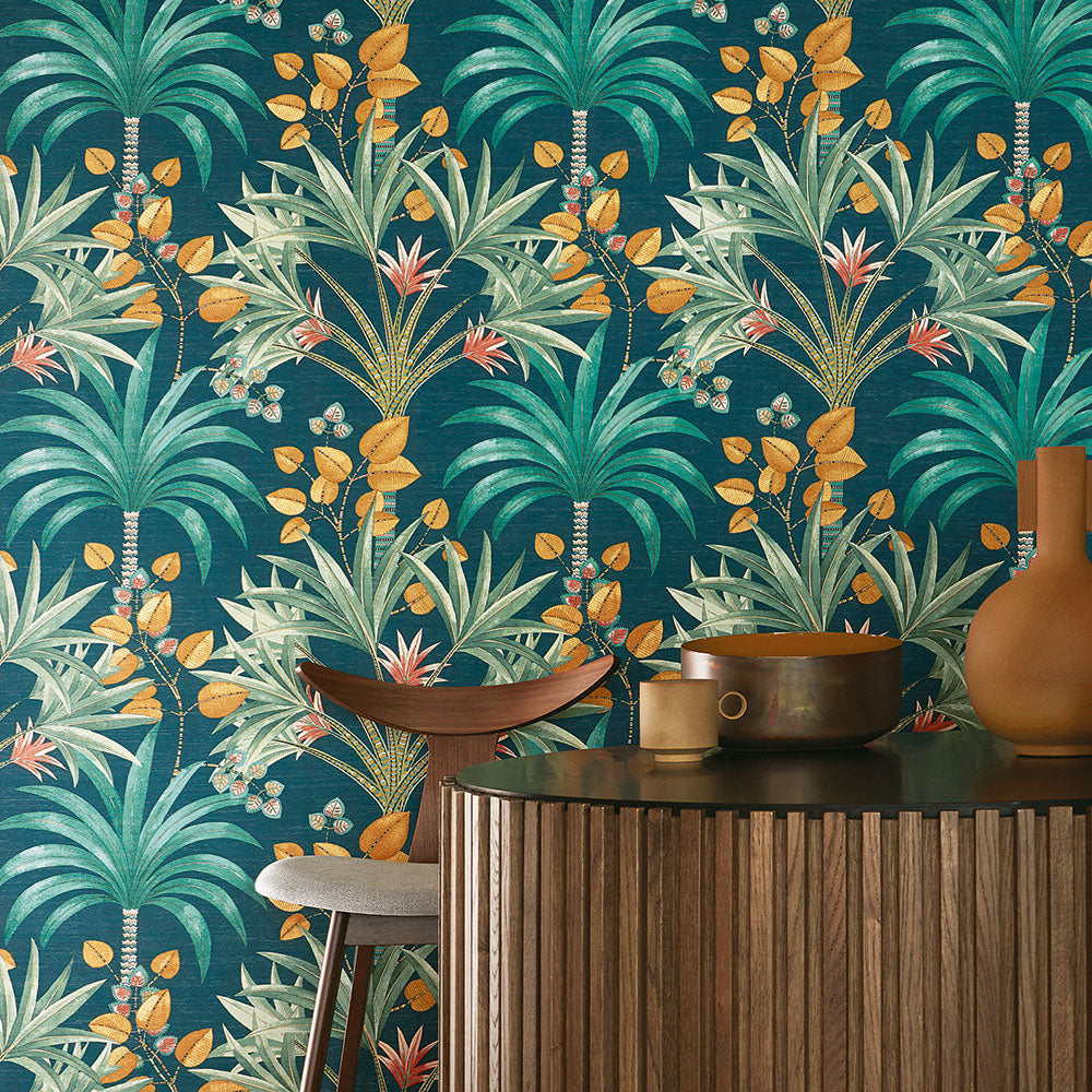 Structuurtapijt met palmplantmotief MIRISSA - PETROLE/TURQUOISE marineblauw met turquoise