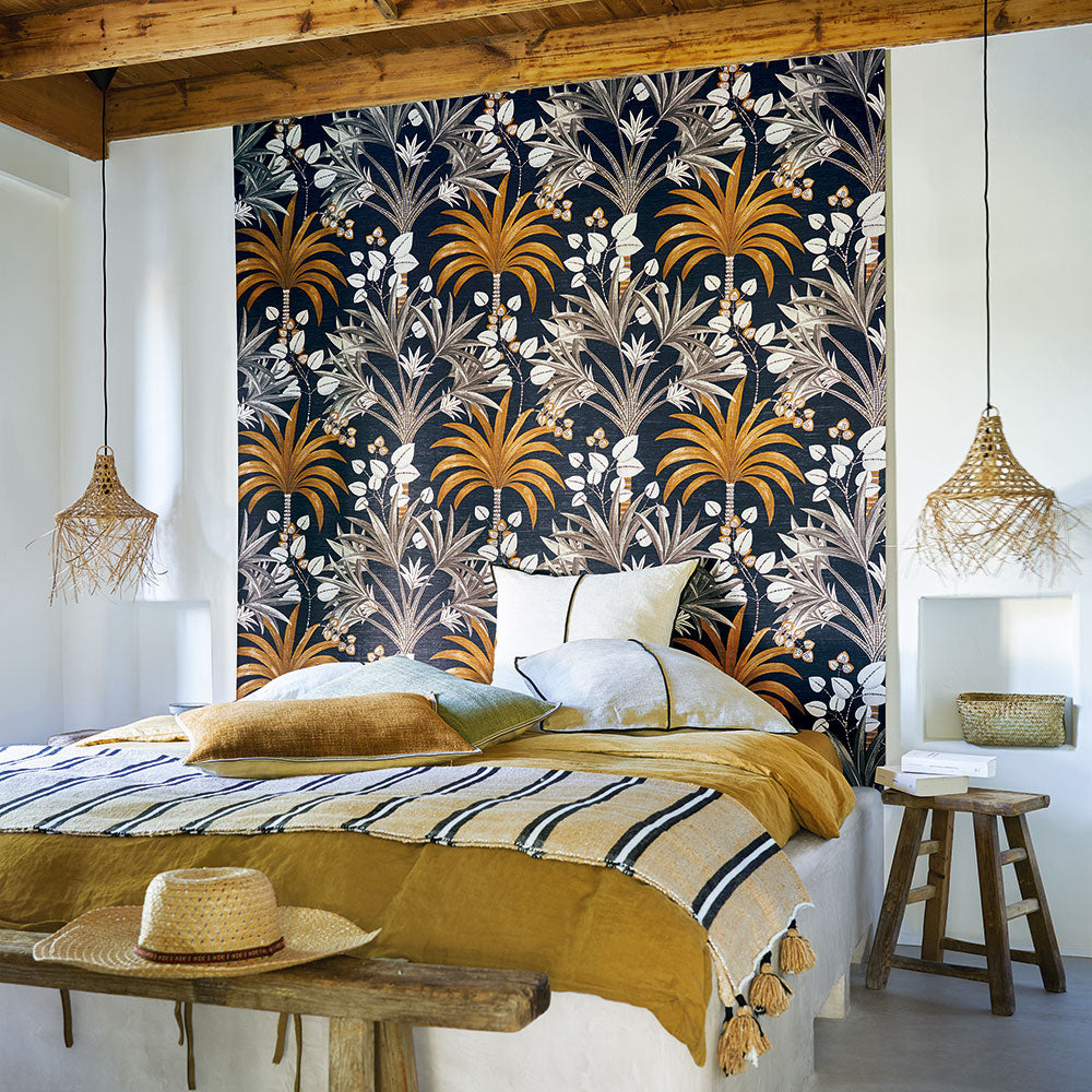 Structuurtapijt met palmplantmotief MIRISSA - PETROLE/TURQUOISE marineblauw met turquoise