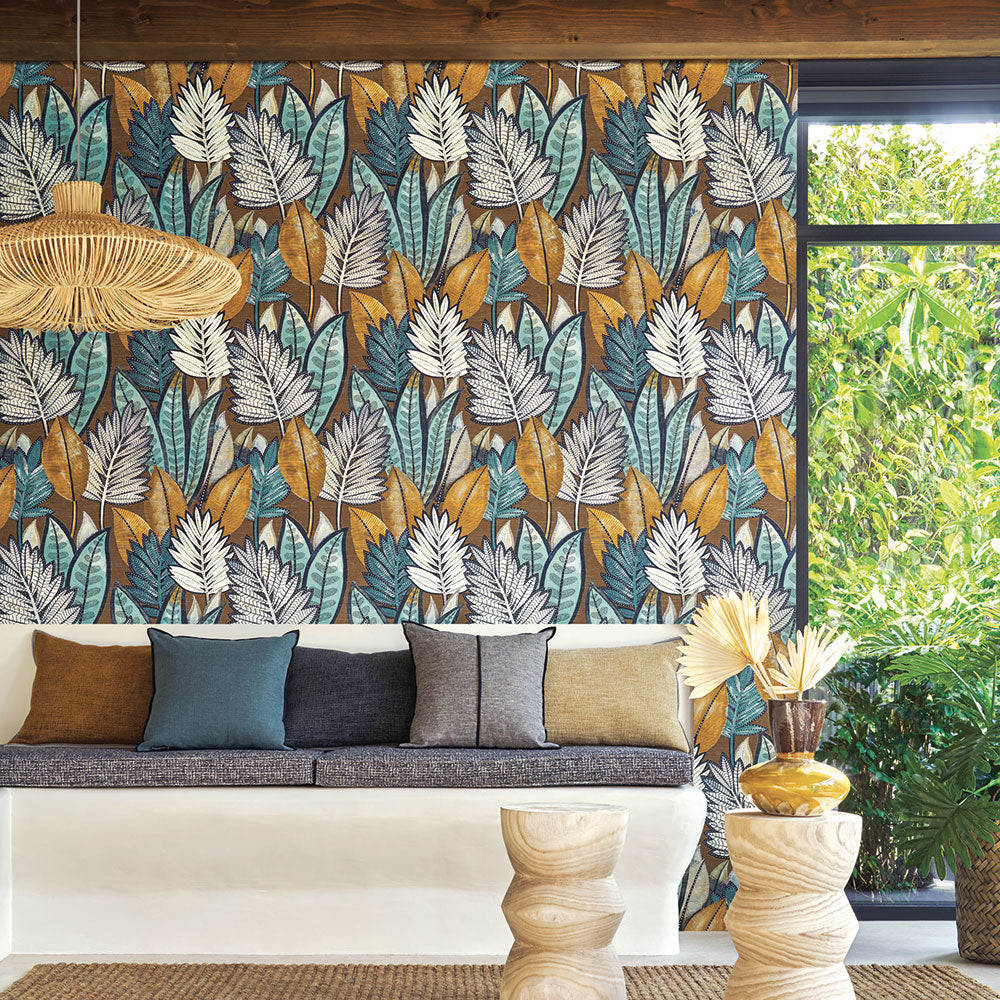 Structuurtapijt met plantaal motief SABAL - TABAC/CELADON bruin met zeegroen