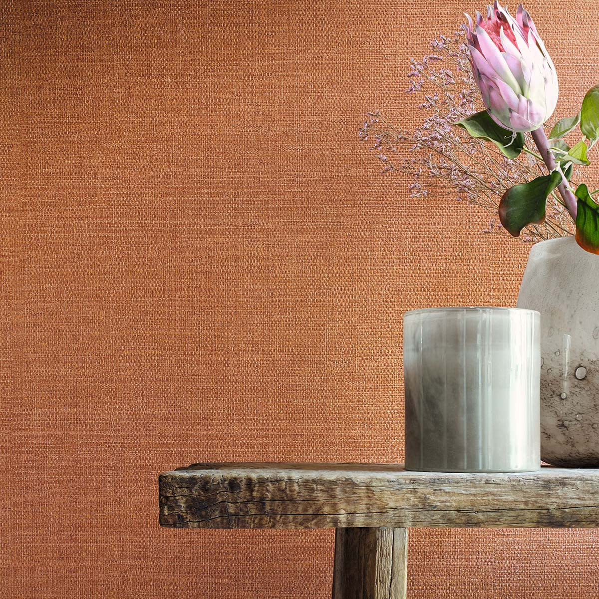 Textured wallpaper resembling canvas CARIOCA - ORANGE BRÛLÉ orange-brown