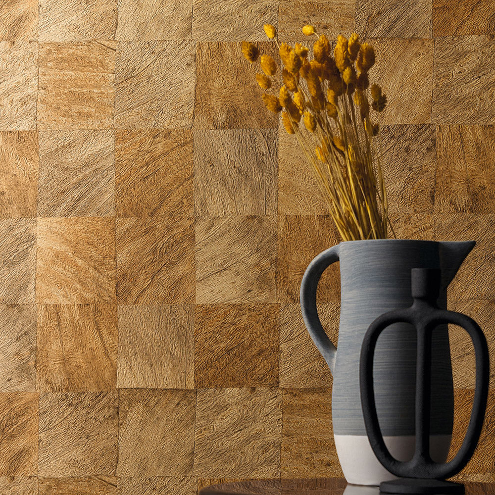 Structural wallpaper with a geometric wood-like pattern ABALE - Tobacco brown