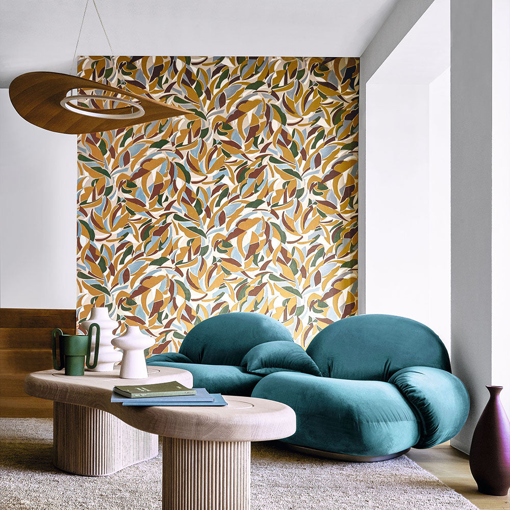 Structural wallpaper with an abstract geometric pattern COLLAGE - GREGE/MUSTARD green with mustard