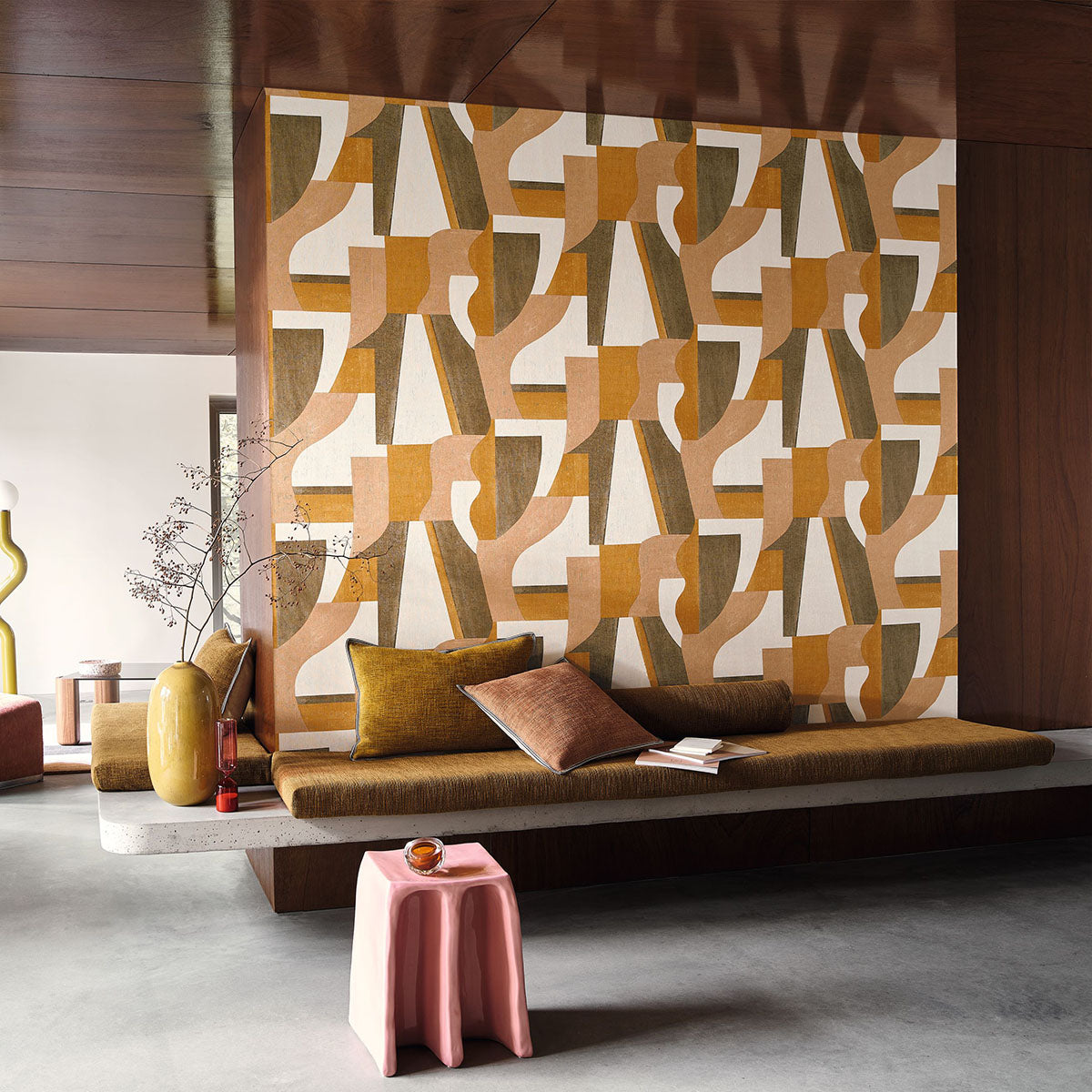 Structural wallpaper with a geometric pattern GINO - TERRE DE SIENNE orange with pink