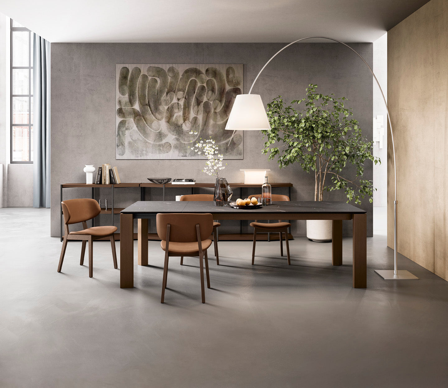 Extendable table OMNIA beige top with walnut base