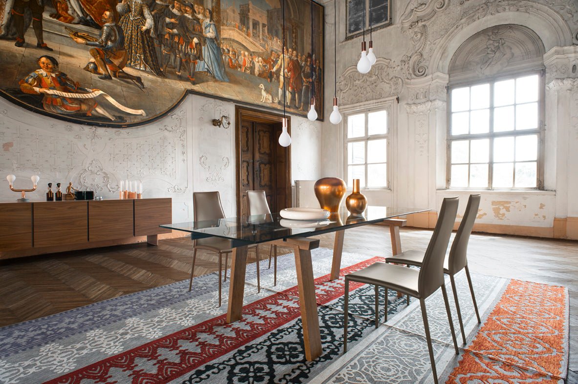 Uitschuifbare tafel LEVANTE met glazen blad en grafieten basis