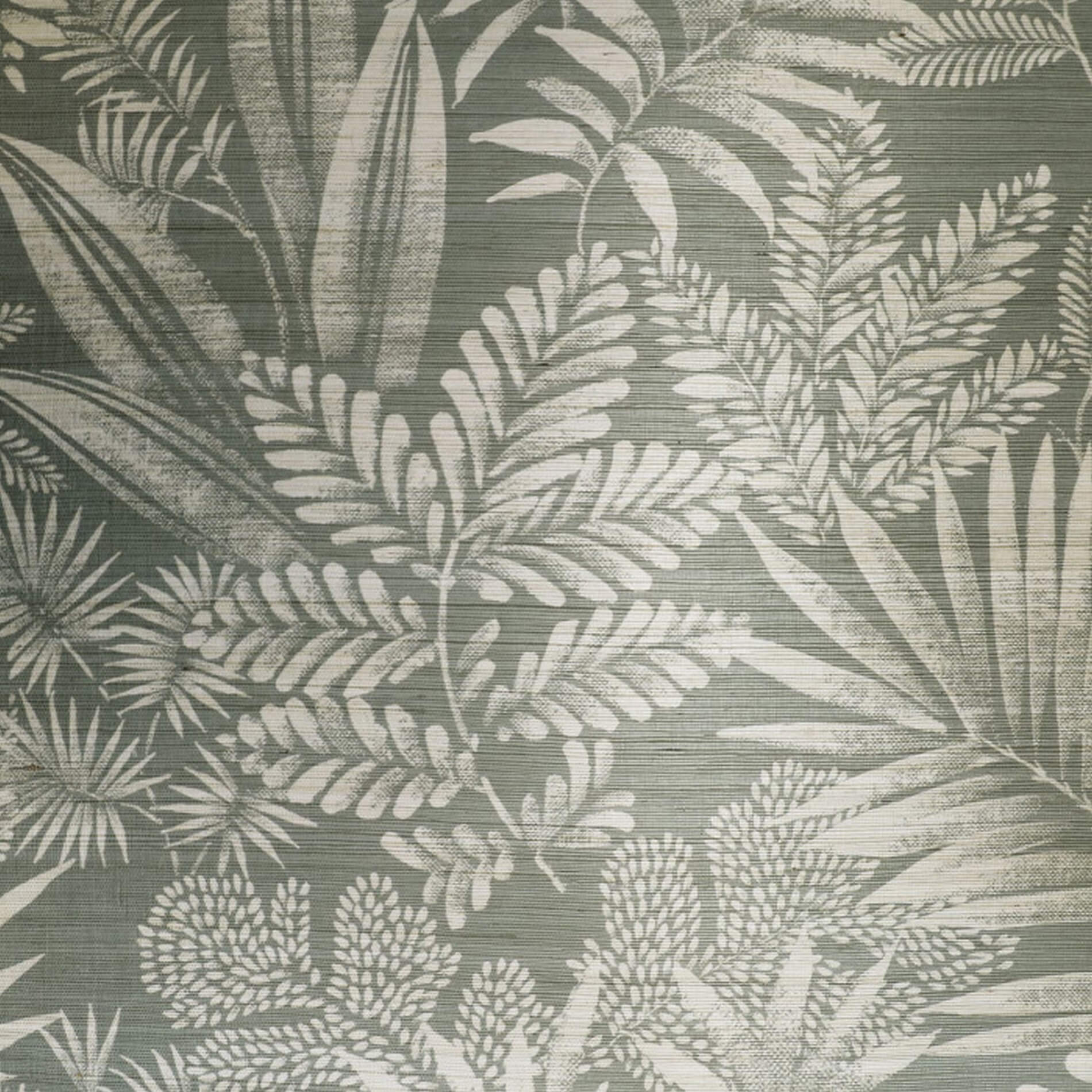 Textured sisal wallpaper with a plant motif of MANDRARE leaves - BLEU GRISE gray with white