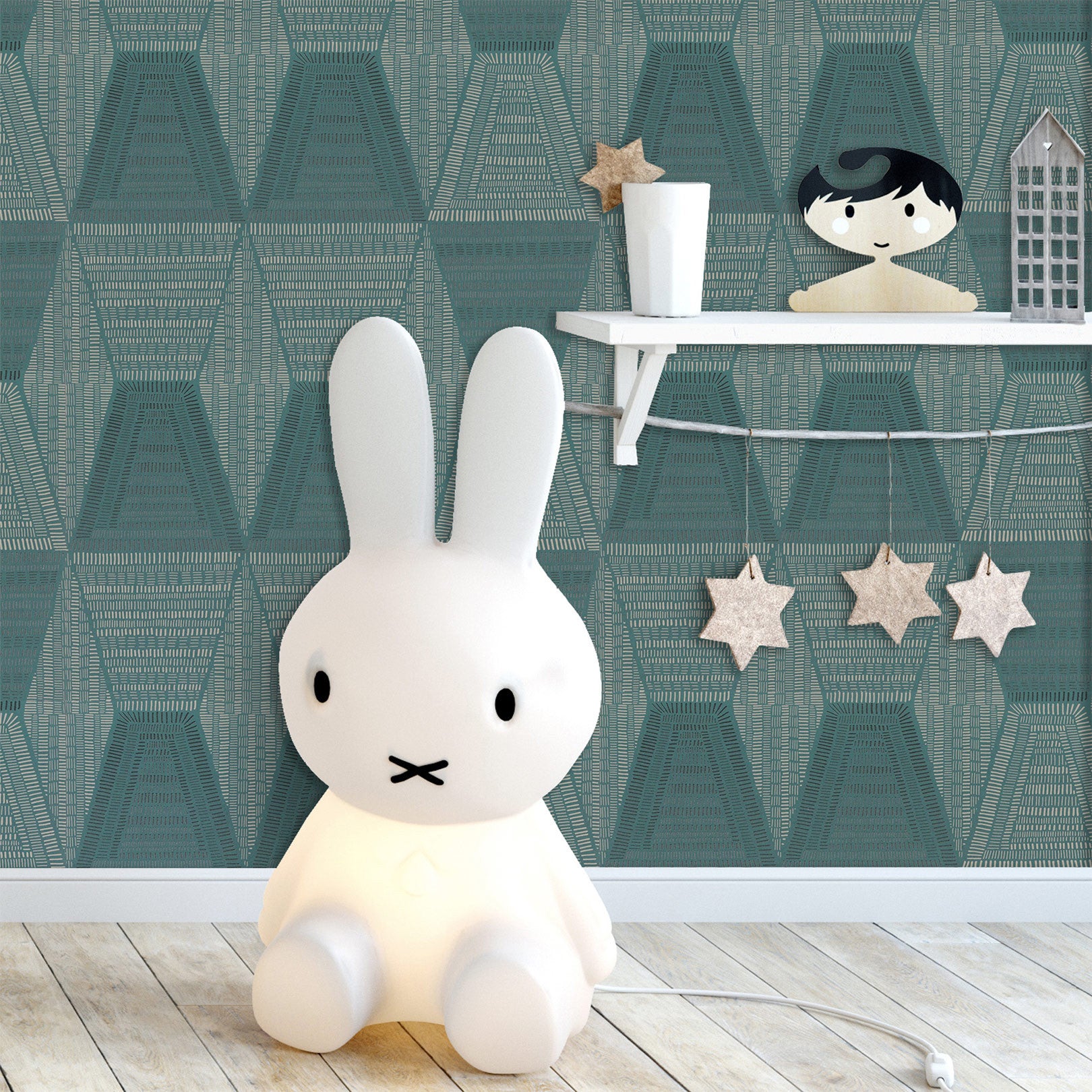 Abstrakte patroonbehang DAIA - VERT IMPERIAL gedempt blauw