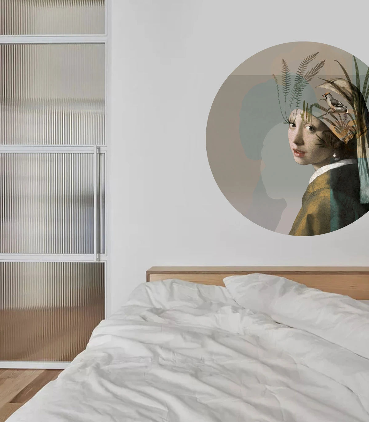 Mural w kształcie koła DOTS - NATURE GIRL WITH THE PEARL beżowy z zielonym