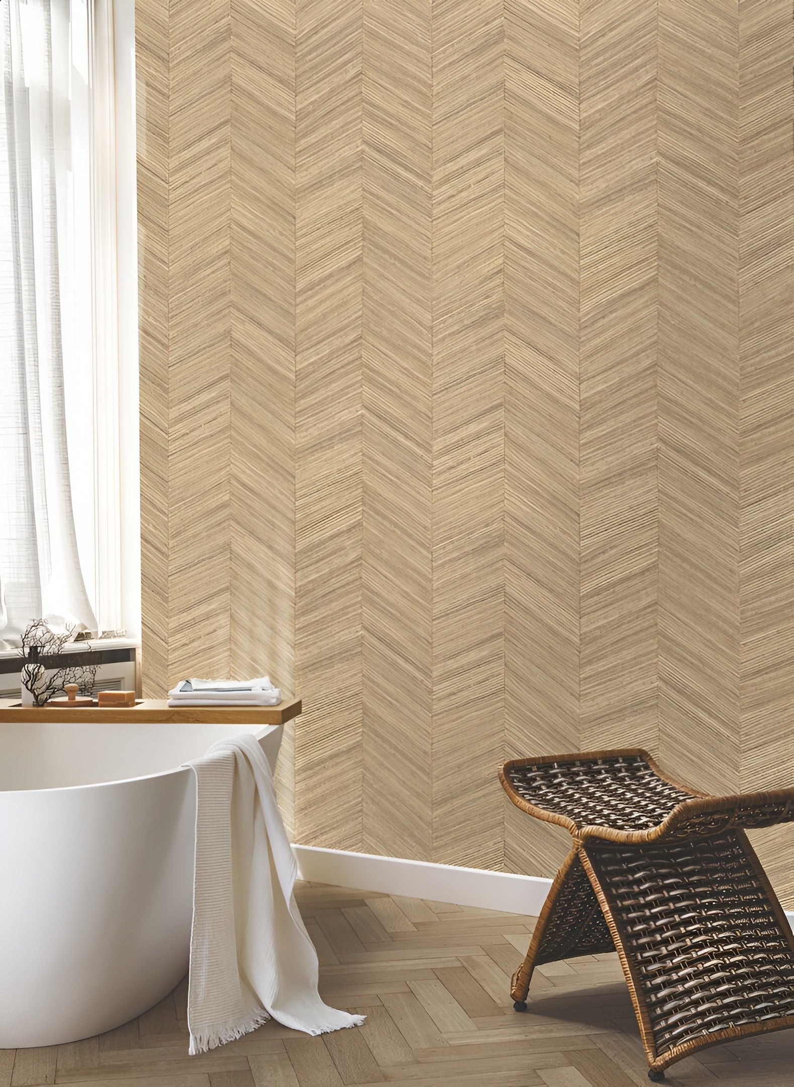 Geometric textured wallpaper mimicking wood with herringbone pattern OCOTEA - AMANDE almond