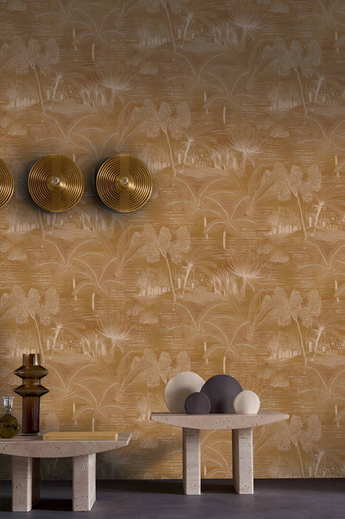 Landscape wallpaper with plant motif BAHARIA - AMBRE amber