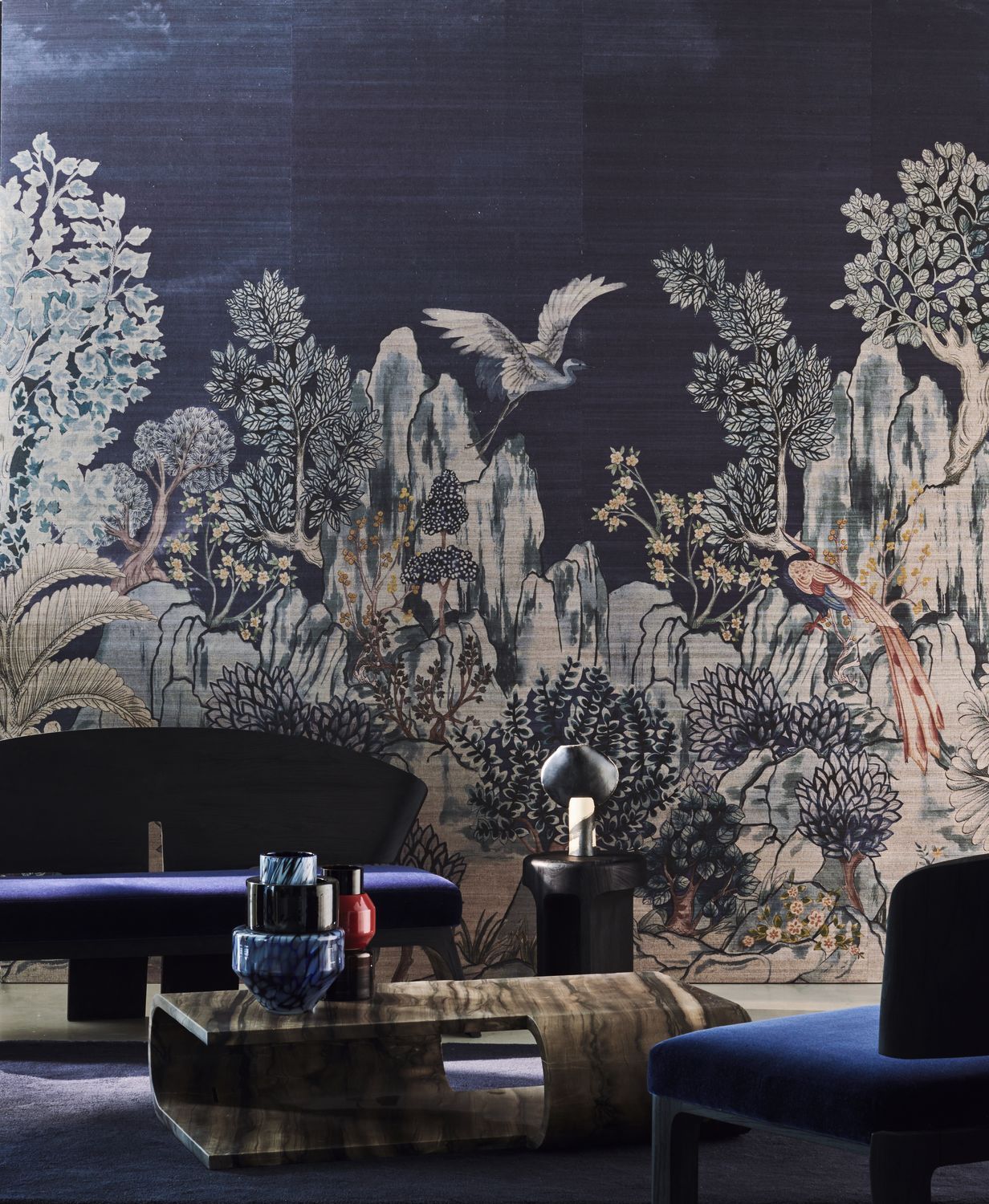 Muurschildering met plantaardig landschap HANG MUA marineblauw