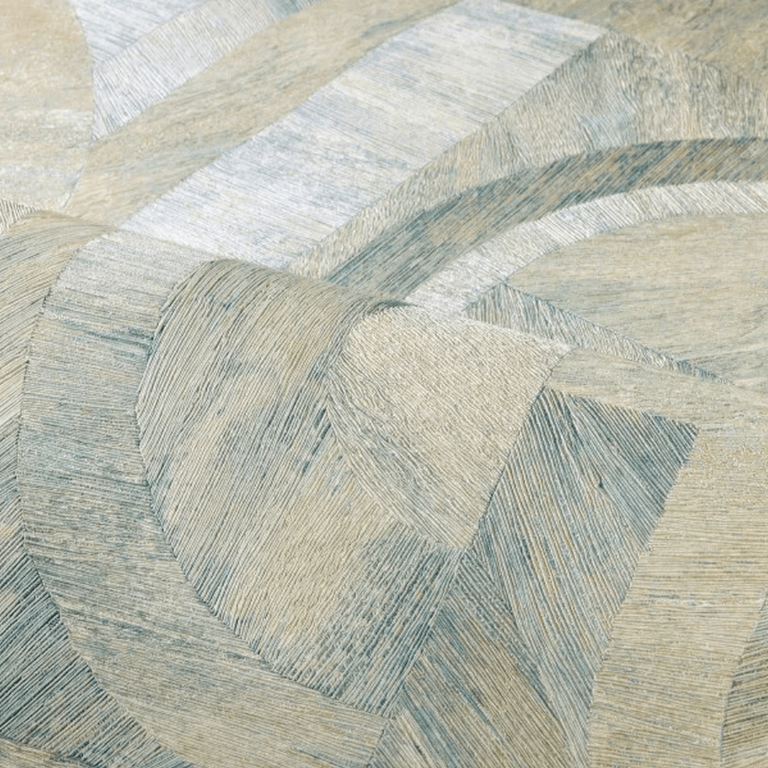 Geometrische houten structuur behang met mozaïekpatroon INTARSIA - OPALINE ijsblauw