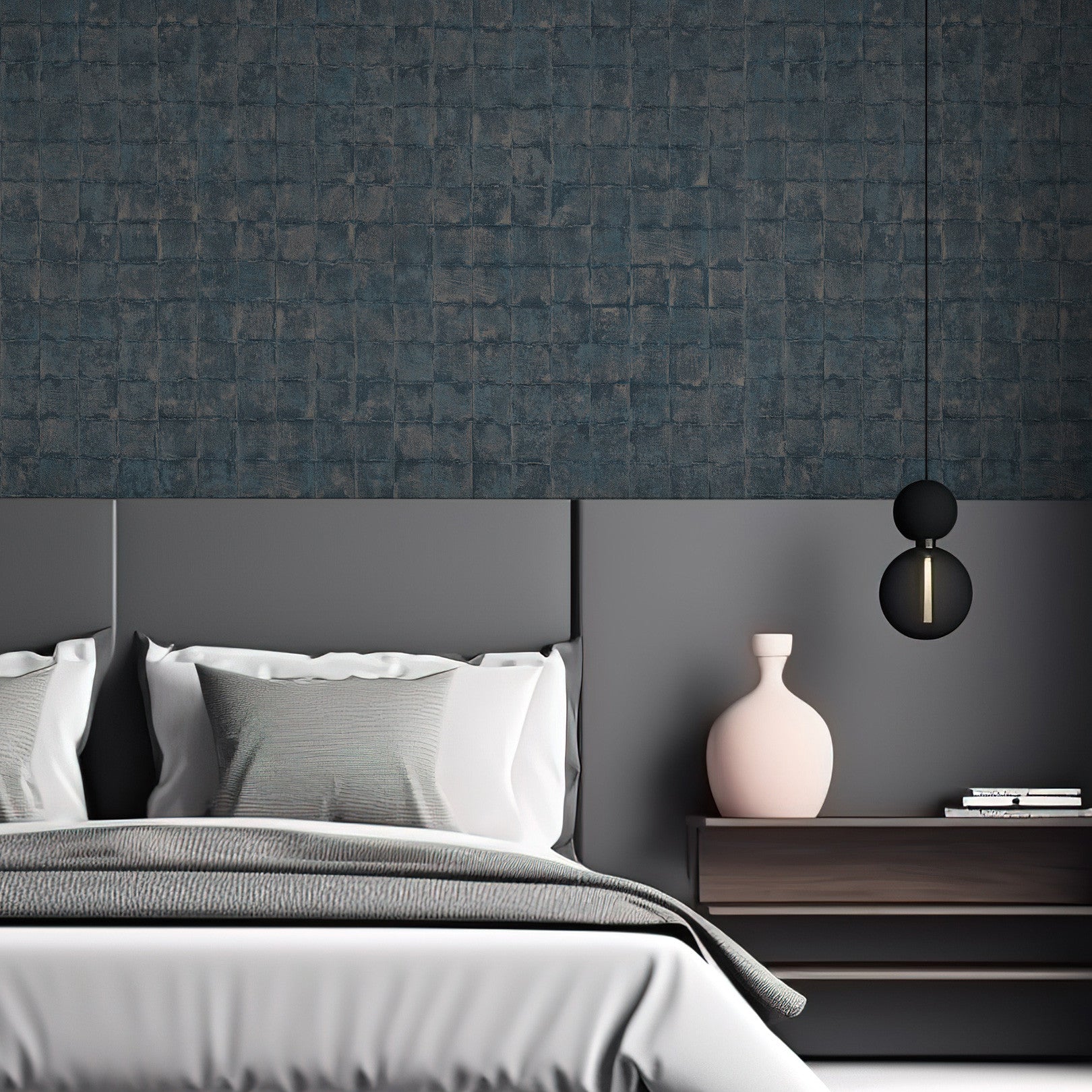 Structural wallpaper imitating tiles FAENZA - ORAGE navy blue