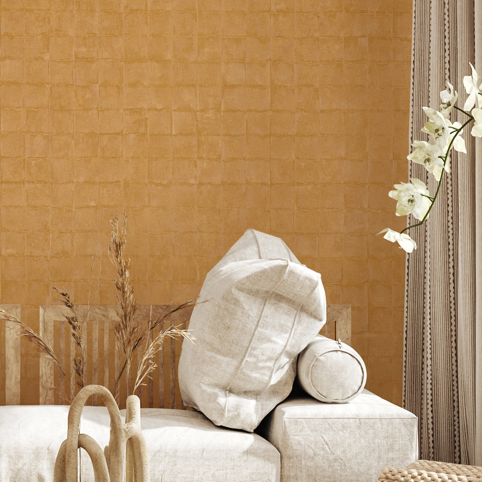 Structural wallpaper imitating tiles FAENZA - JAUNE D'OR dark yellow