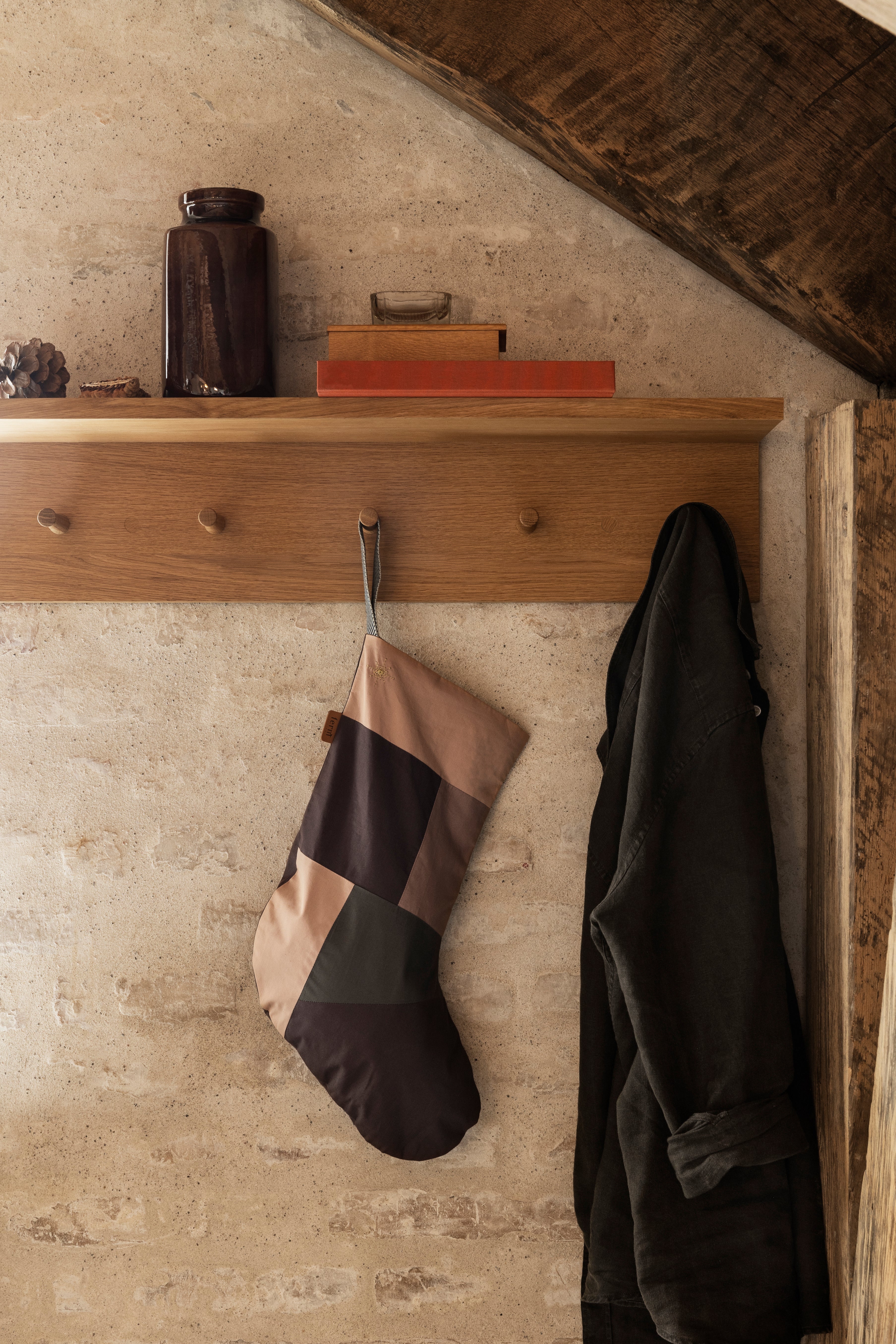 Patchwork-Weihnachtsstrumpf beige mit braunem Detail