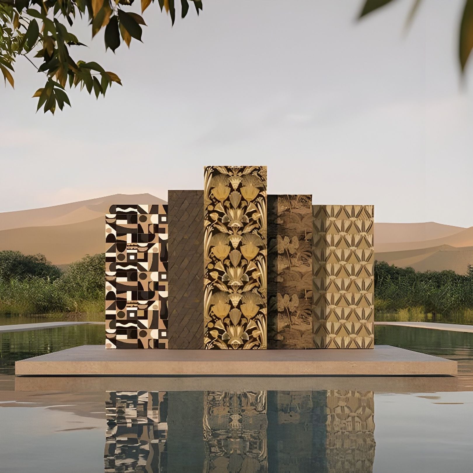 Structuurtapijt met geometrisch patroon GOURNA - OCRE/DORE bruin met goud