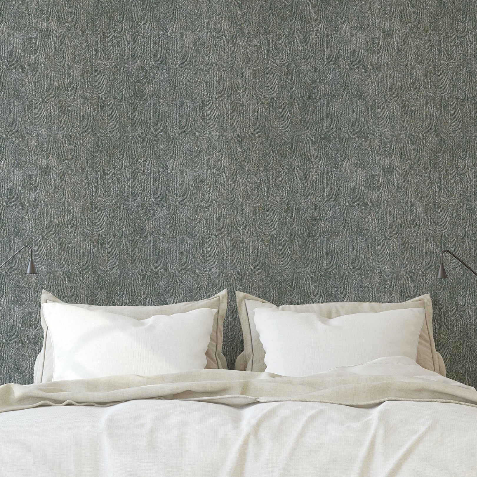 Structural wallpaper with a plant motif of ISABELLINE leaves - VERT IMPERIAL green