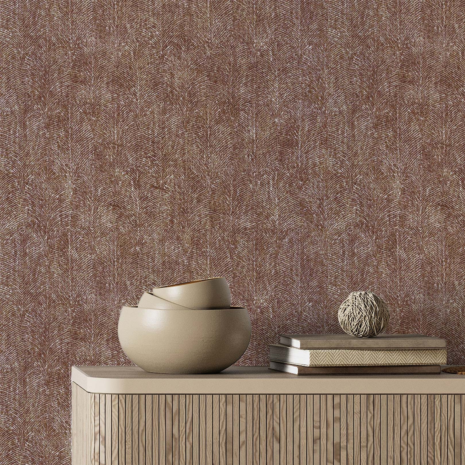 Structural wallpaper with a plant motif of leaves ISABELLINE - ROUILLE rusty brown