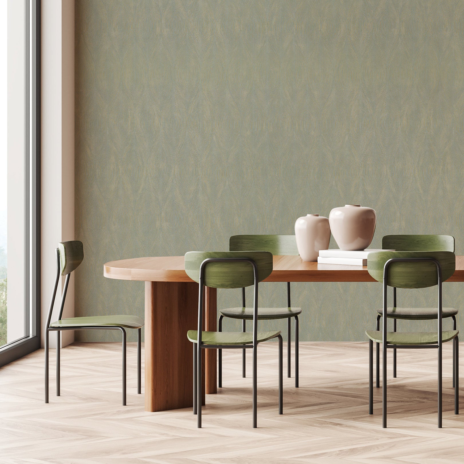 Structuurbehang met metallic afwerking en abstract patroon KERAMOS - OPALINE/DORÉ gedempt groen