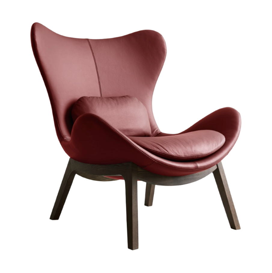 Fauteuil LAZY gestoffeerd met een donkere houten basis