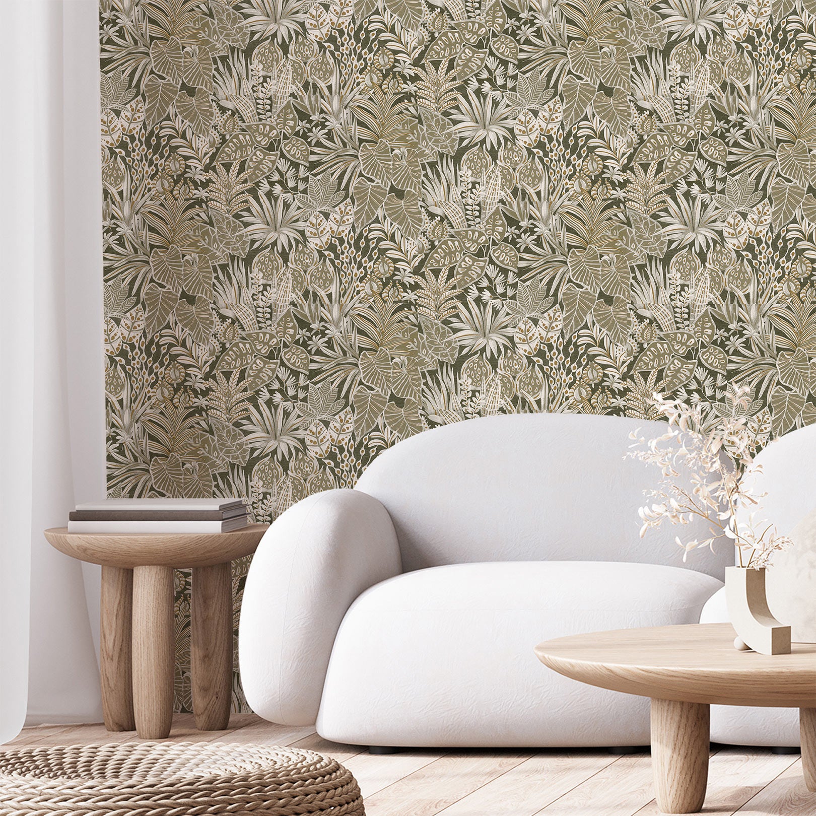 Structural wallpaper with a plant motif of MADHUCA leaves - KAKI khaki
