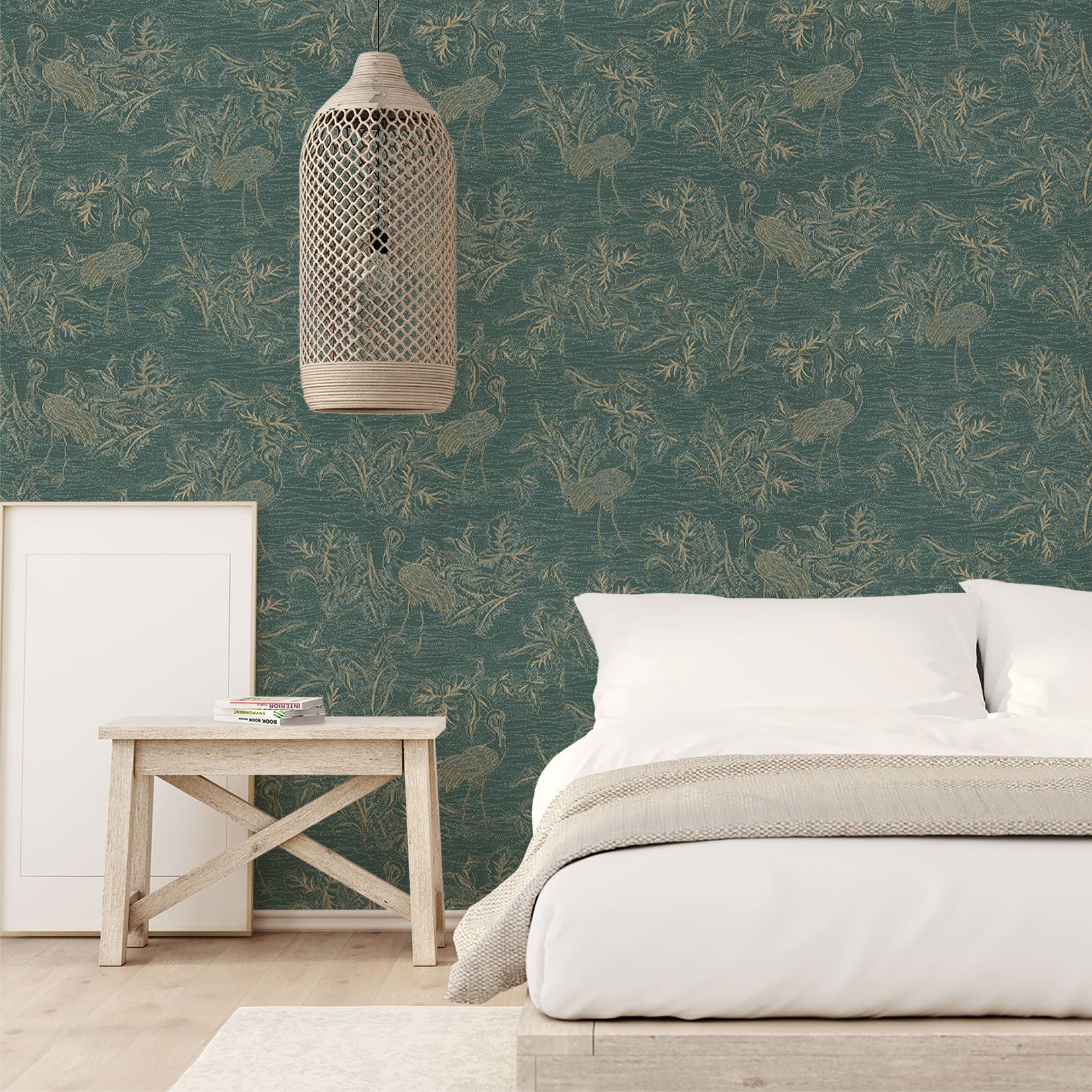 Structural wallpaper with a plant and animal motif MIRADOR - CYPRÈS/DORÉ green with gold