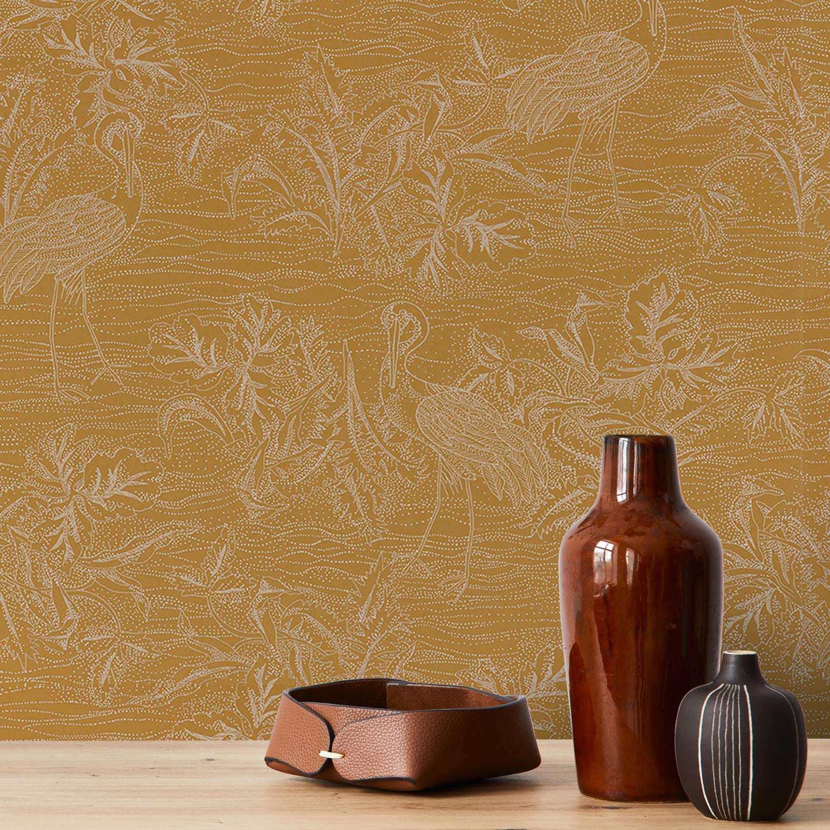 Structural wallpaper with a plant and animal motif MIRADOR - OCRE yellow