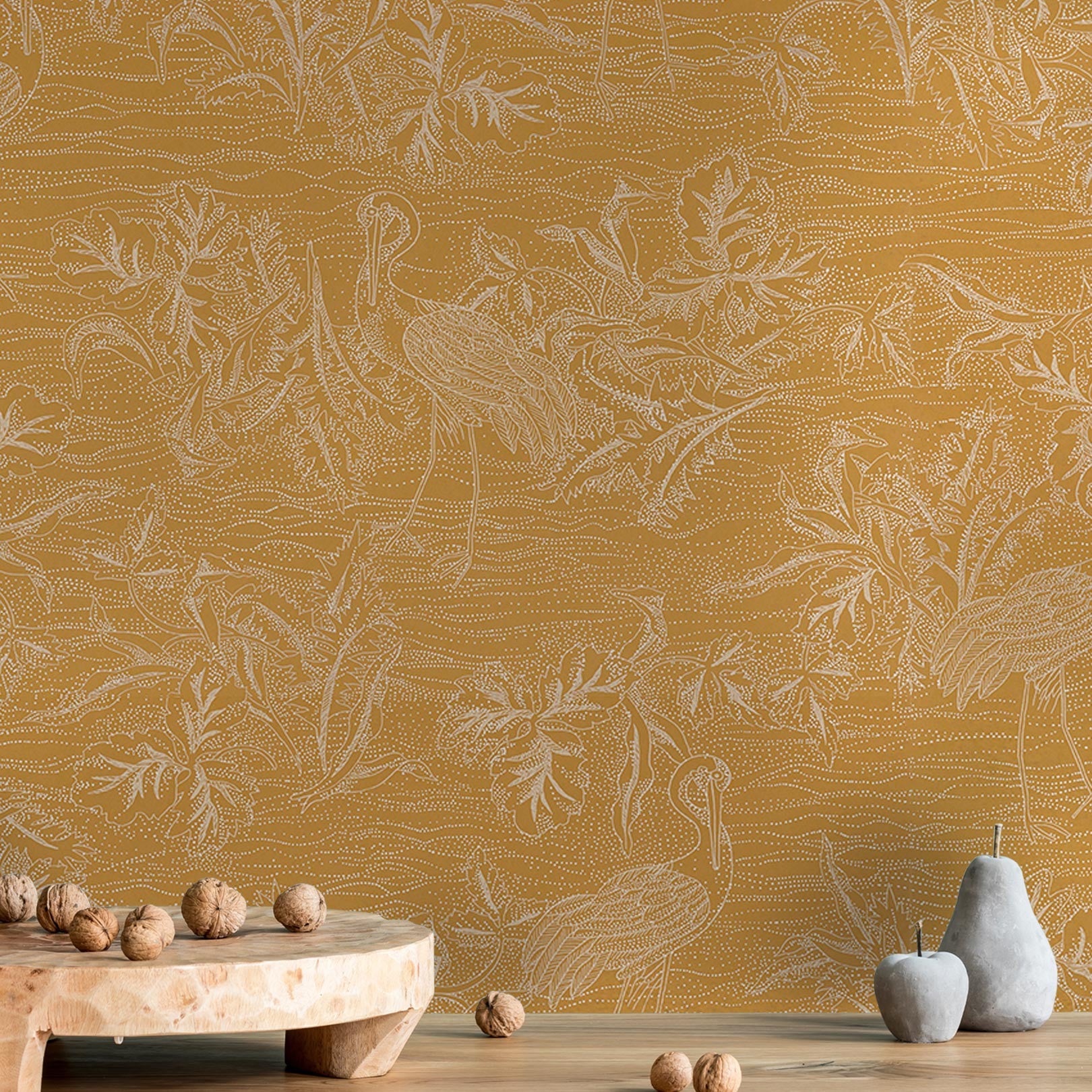 Structural wallpaper with a plant and animal motif MIRADOR - OCRE yellow