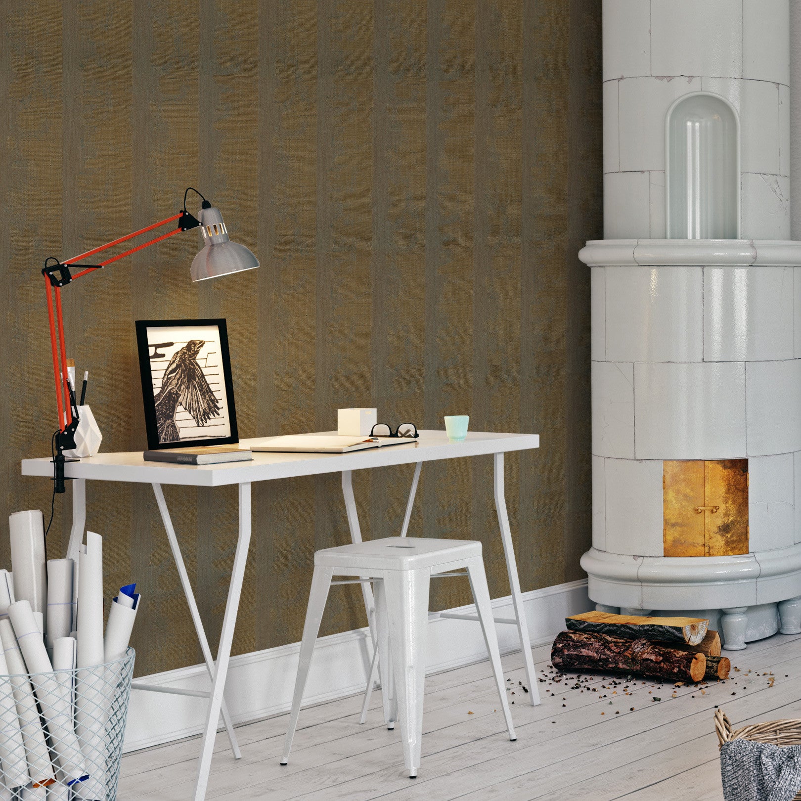 Structural wallpaper with metallic reflections NÉRIKOMI - VERT DE GRIS/DORÉ gold with green