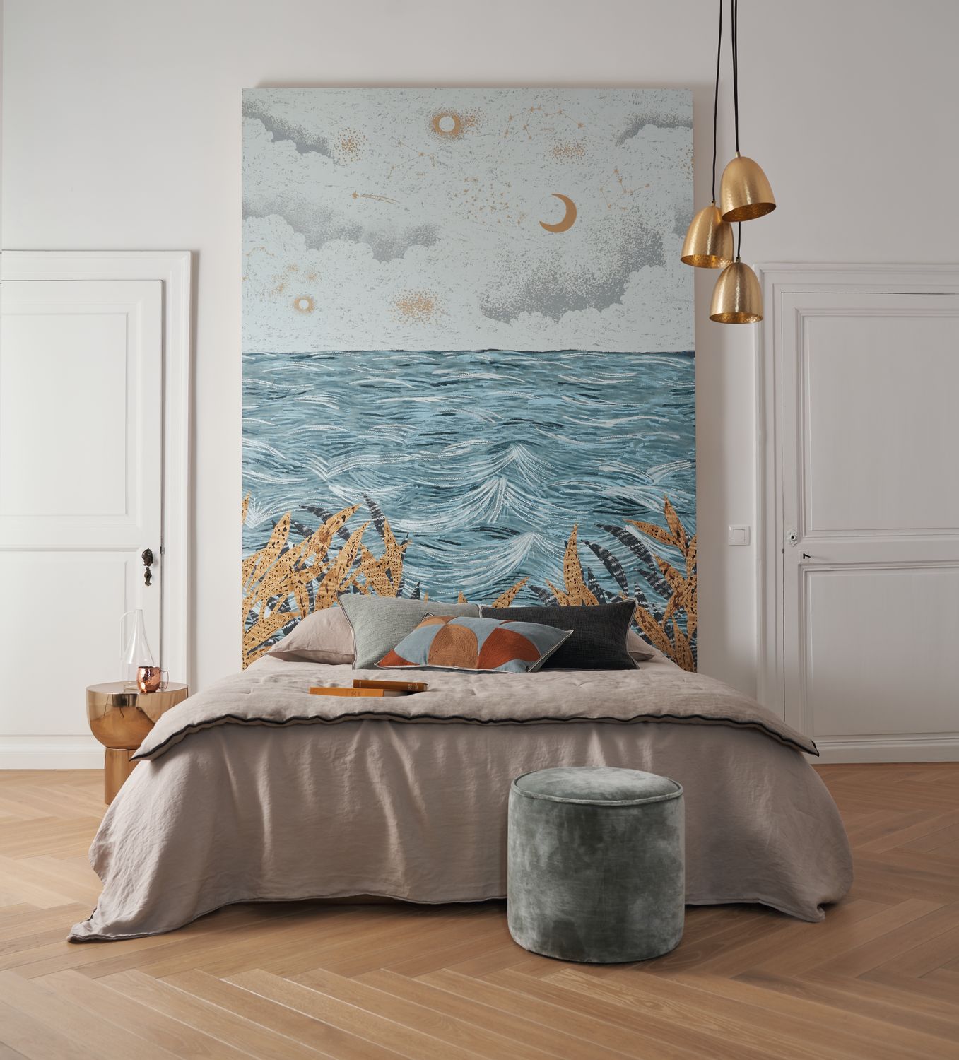 Muurschildering met zeezicht CALLISTO - BLEU CIEL/DORE blauw met beige