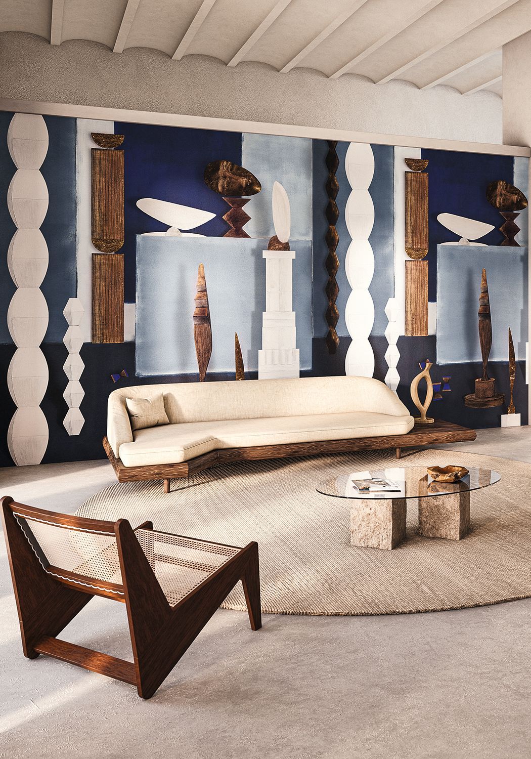 Muurschildering met artistiek motief L'ATELIER DE BRANCUSI - BLEU D'EGYPTE blauw met wit