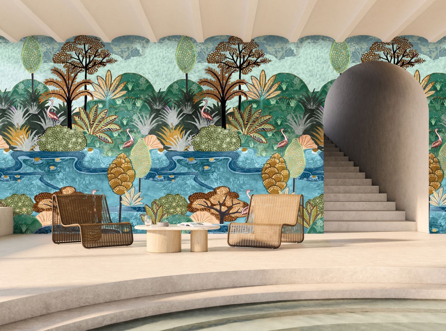 Muurschildering met planten- en dierenmotief van vogels ARUBA - MULTIKLEUREN groen met blauw