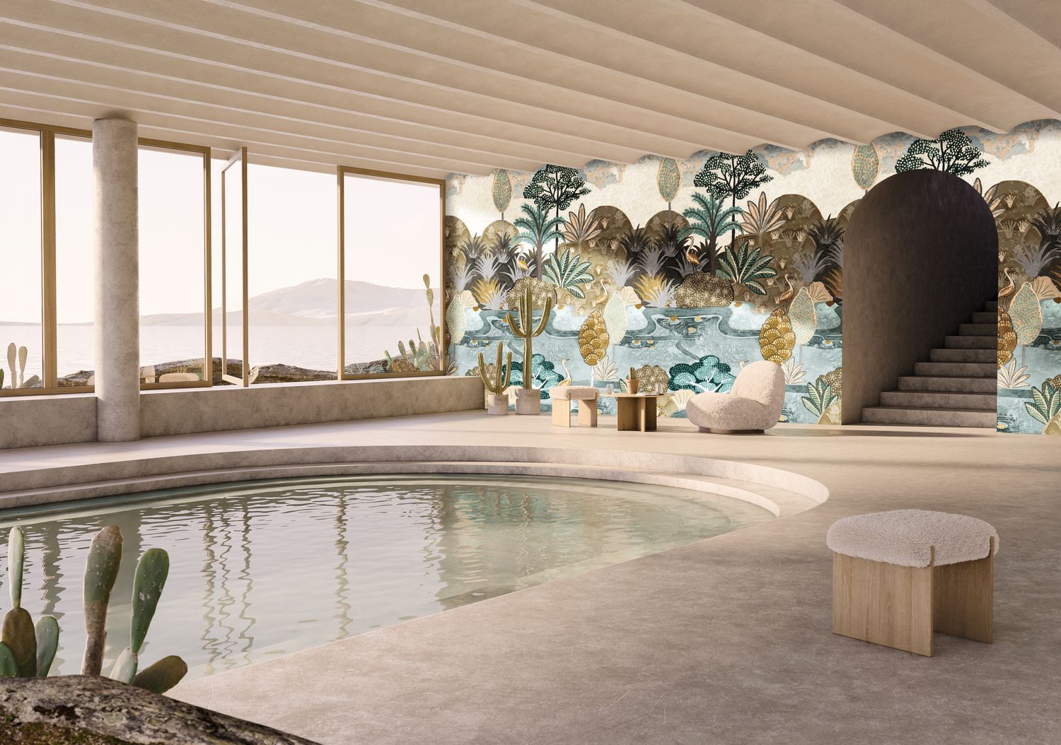 Mural with a plant and animal motif of birds ARUBA - CELADON/MORDORÉ light green with brown