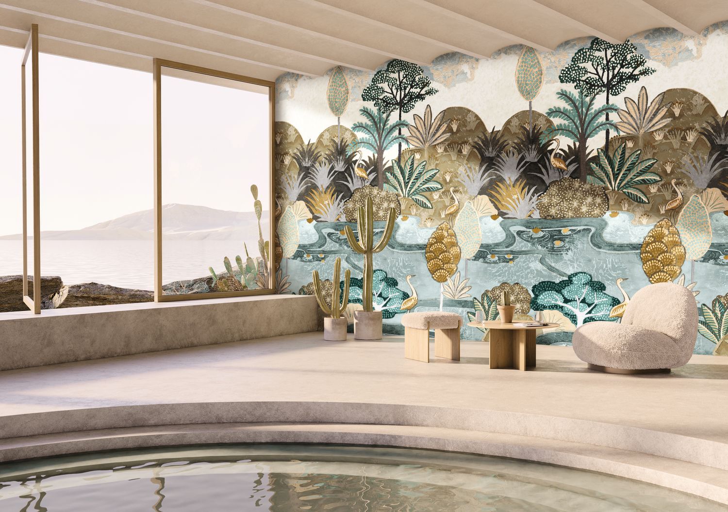 Mural with a plant and animal motif of birds ARUBA - CELADON/MORDORÉ light green with brown