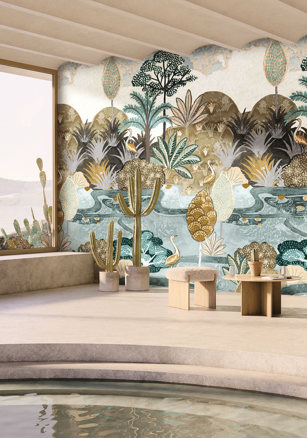 Mural with a plant and animal motif of birds ARUBA - CELADON/MORDORÉ light green with brown