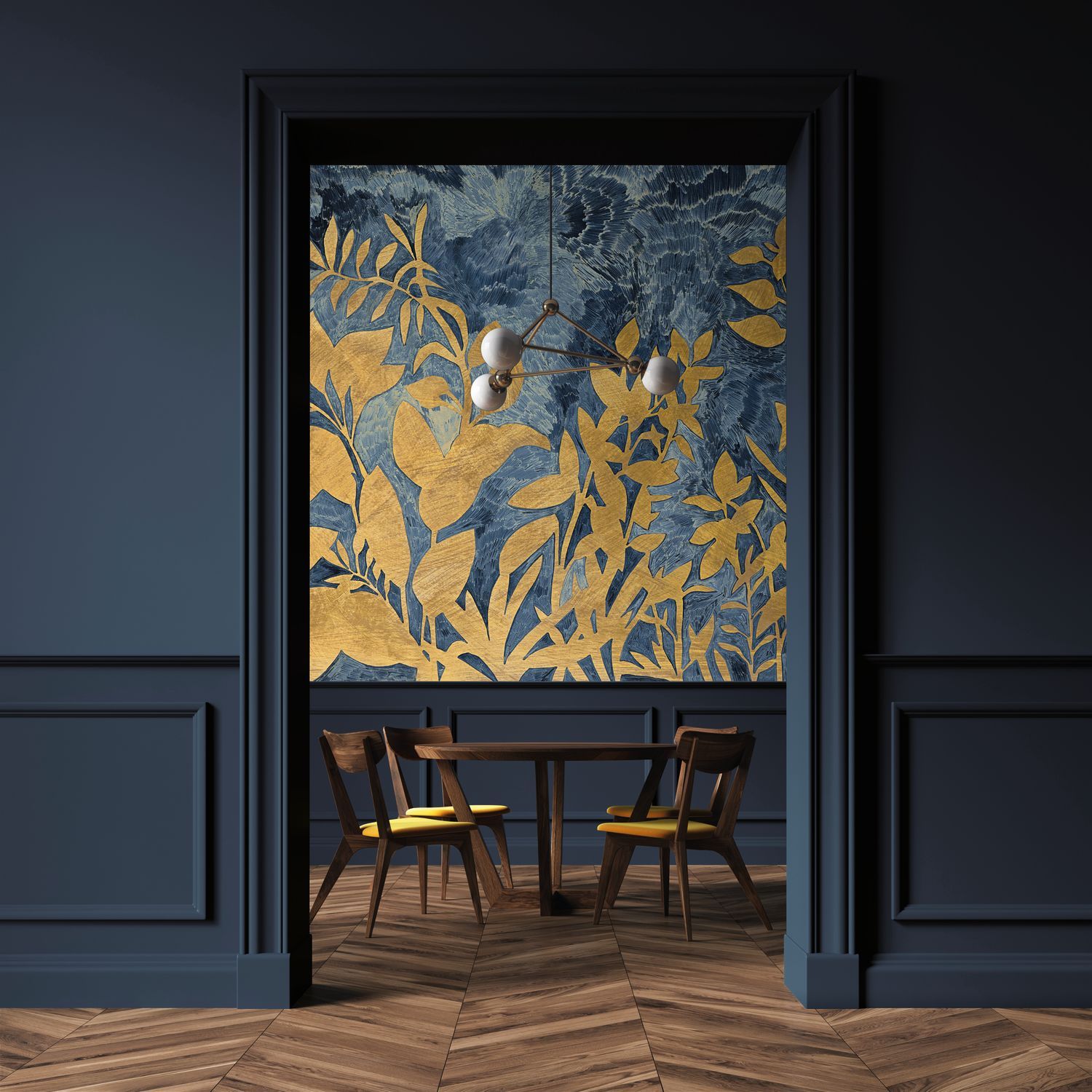 Muurschildering met plantenmotief FLEUR DE LUNE - MARINE/DORÉ marineblauw met goud