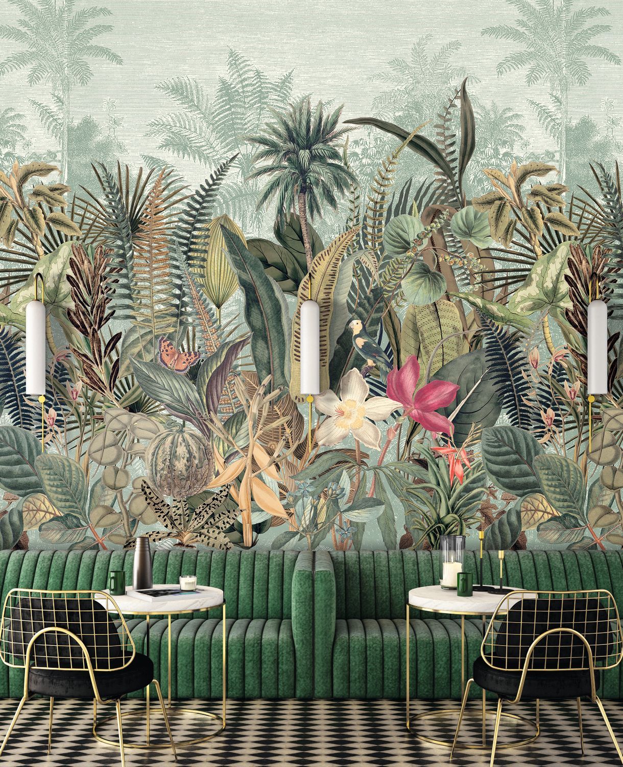 Muurschildering met plantenmotief DAINTREE - CELADON/KAKI zeegroen met kaki