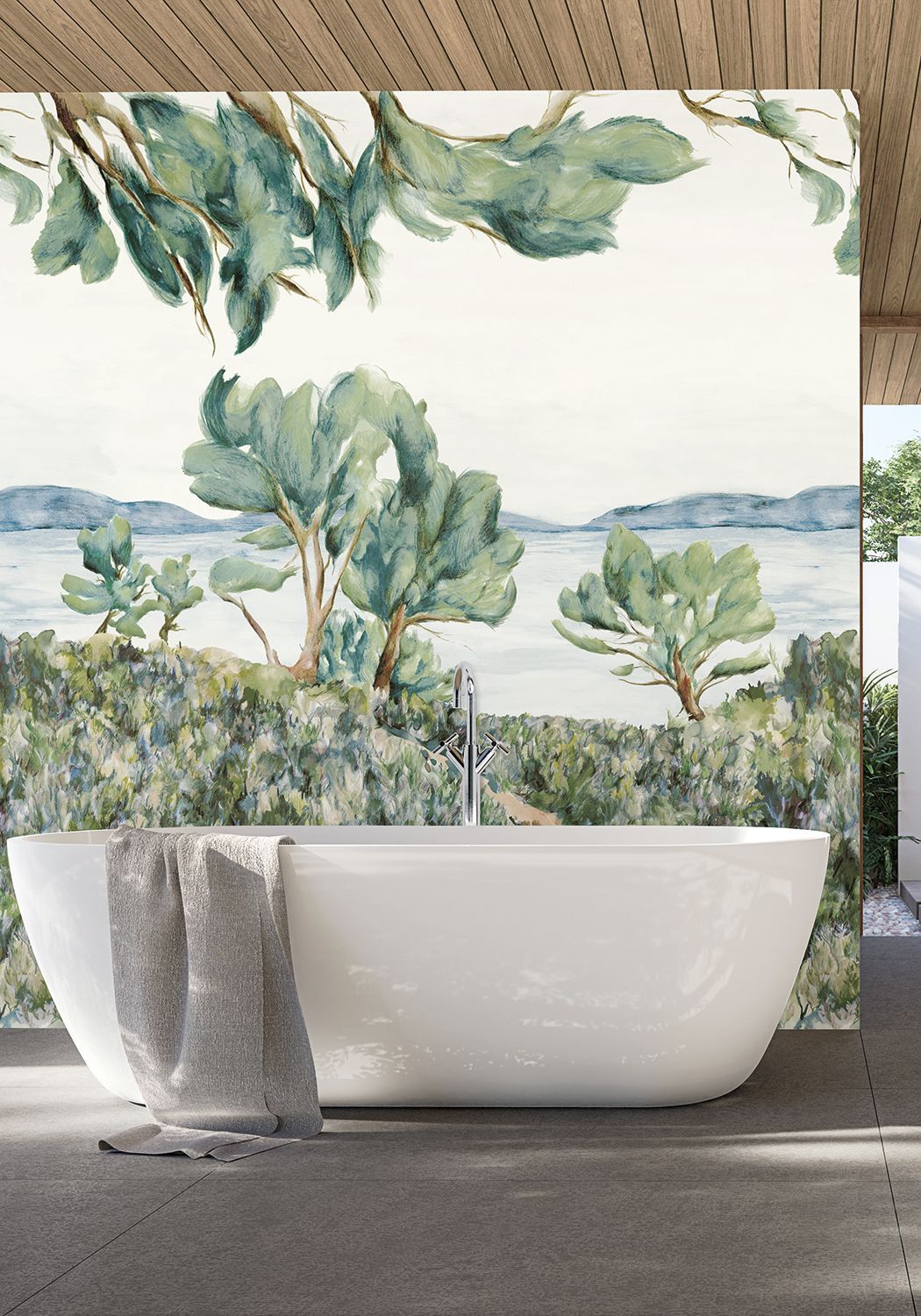 Muurschildering met plantenlandschap FELIX - SALIE/CELEDON groenblauw met blauw