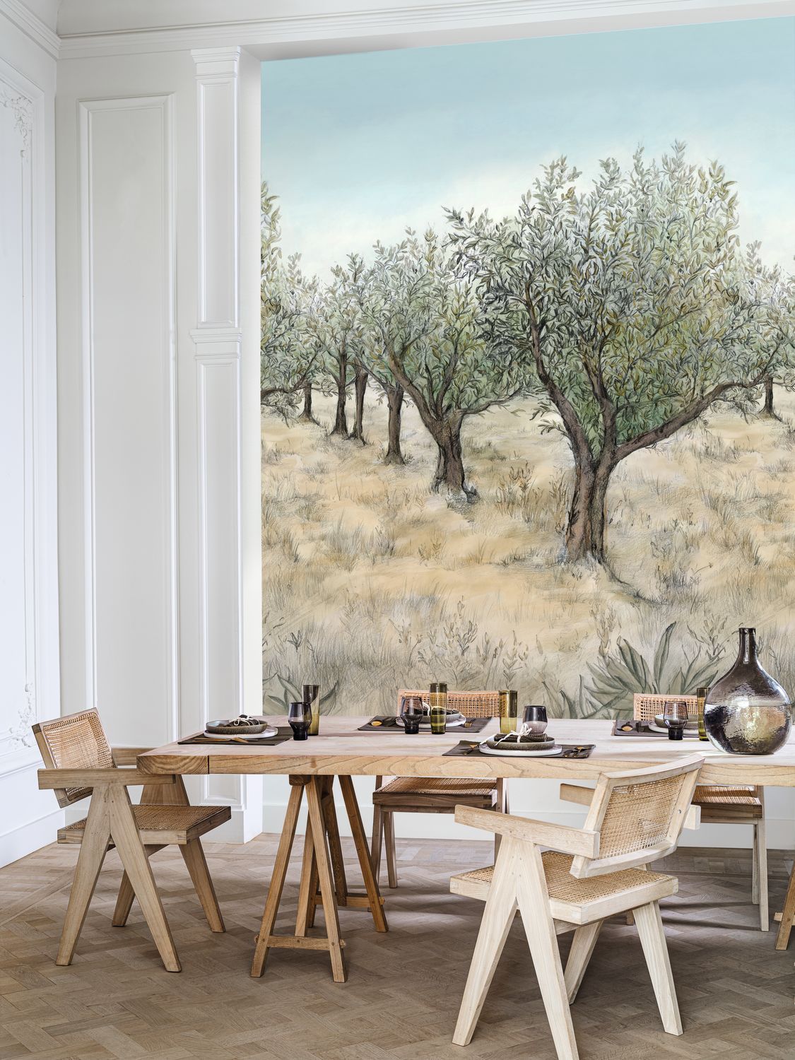 Landscape mural with tree motif LAURIS INT - KHAKI/BLUE khaki with blue