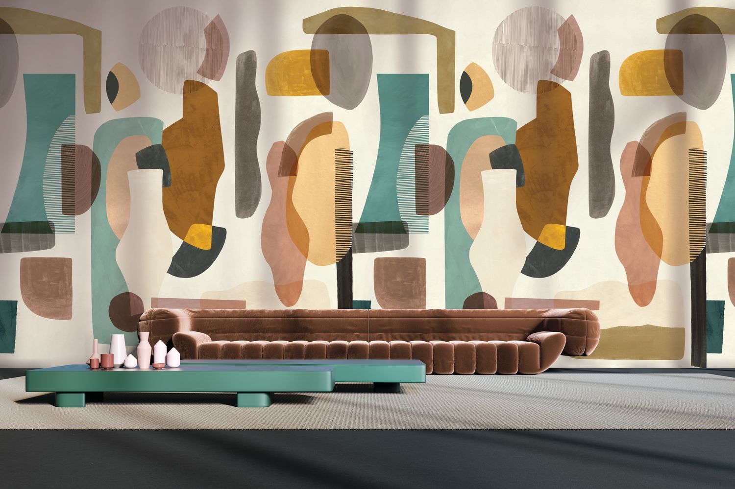 Muurschildering met abstract patroon AUDRIA bruin met groen