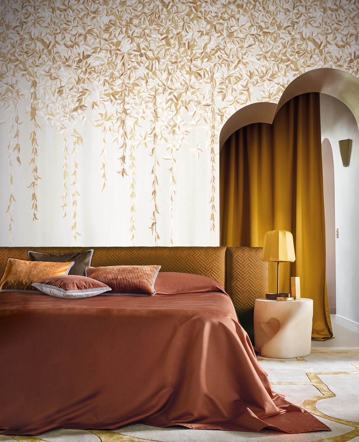 Mural z motywem roślinnym liści HEDERA złoto-brązowy z zielonym