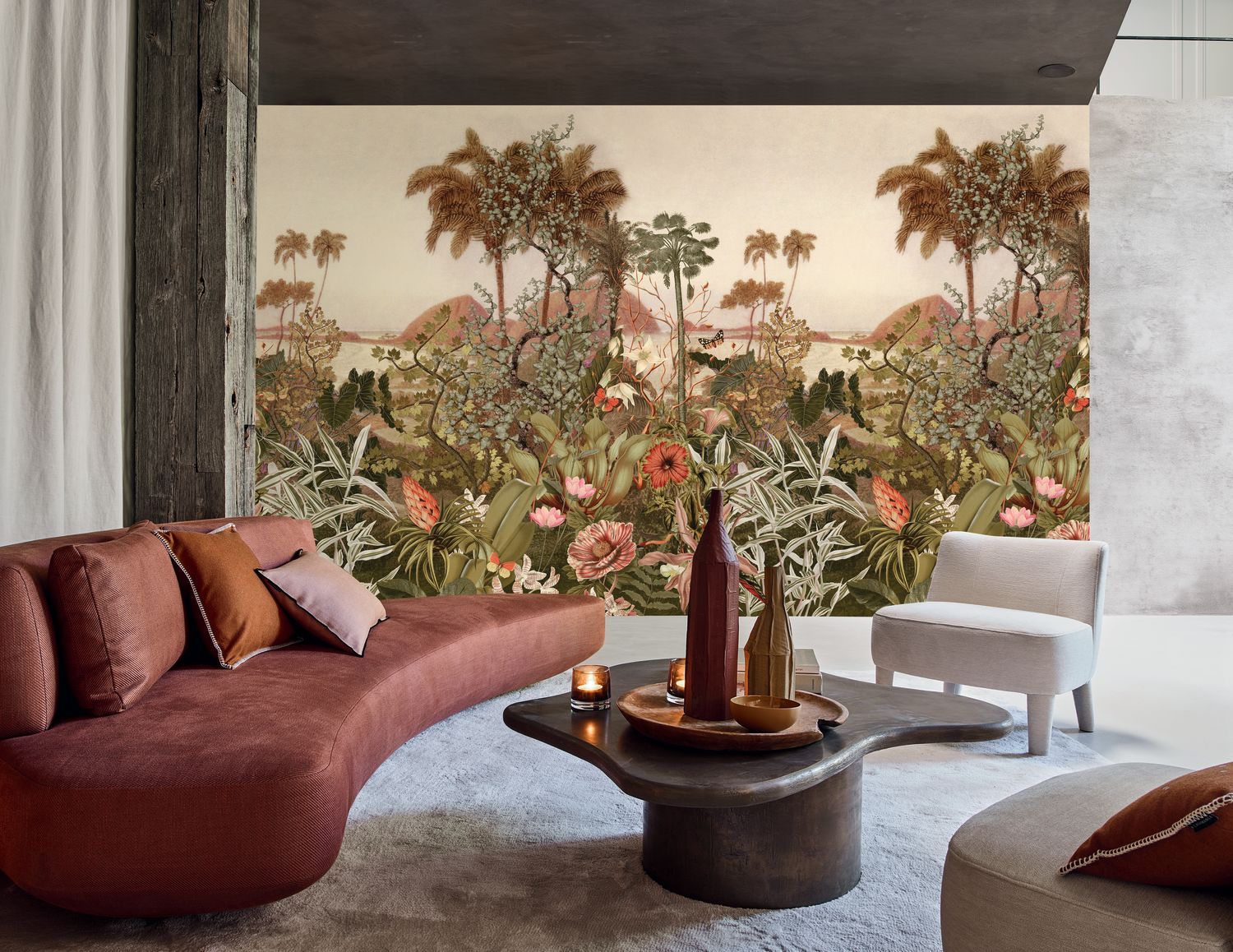 Muurschildering met tropische palmen KISAMA beige met groen