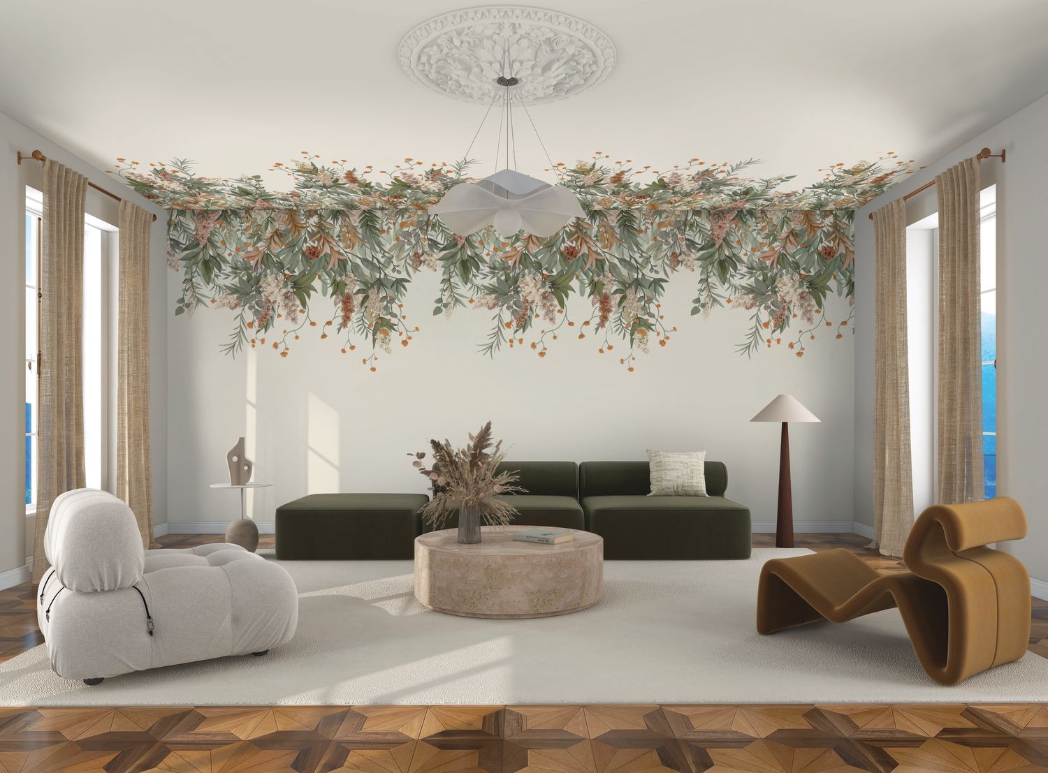 Wisteria Leaf Green and Beige Floral Mural